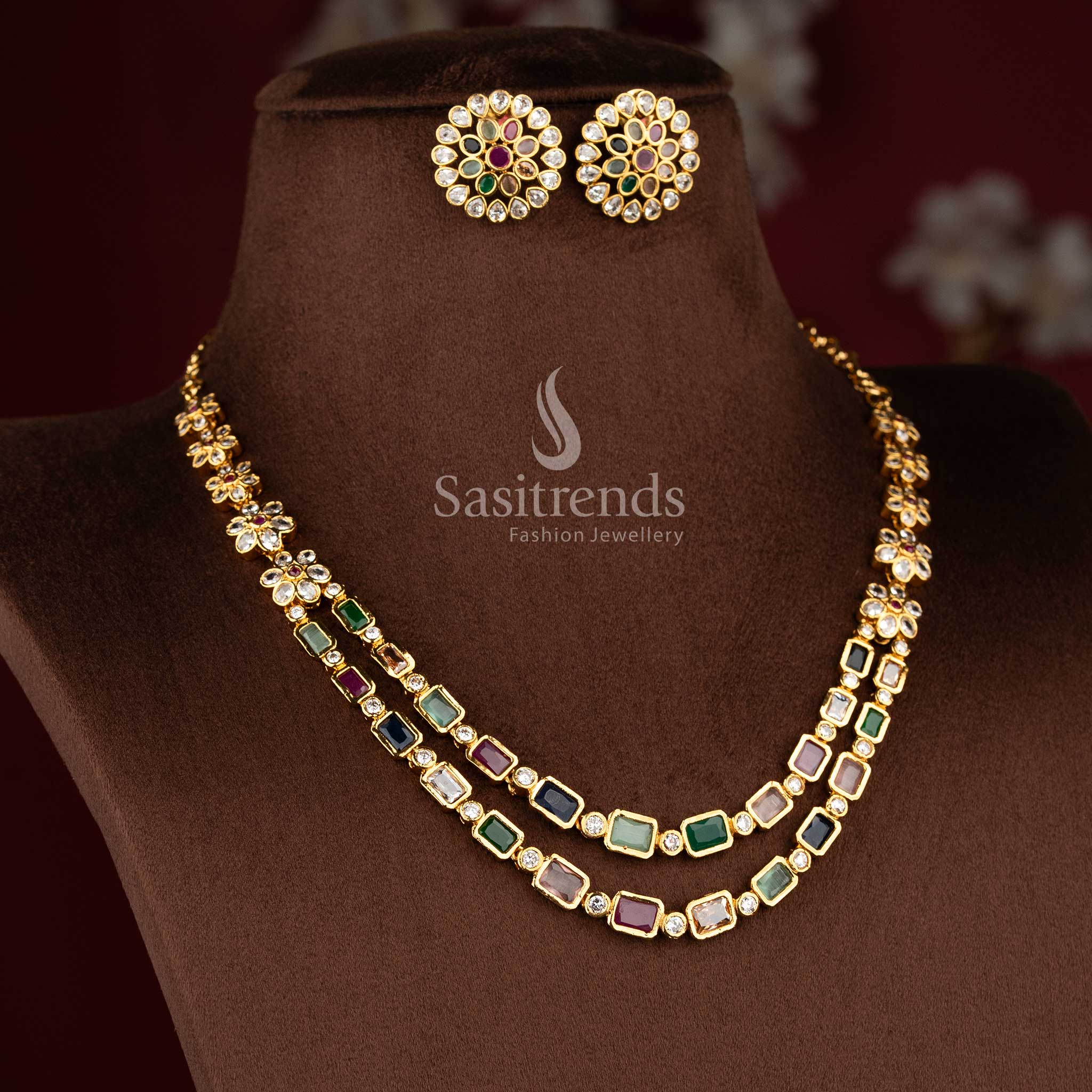 Elegant American Diamond Matte Gold Plated Double-Layer Multi-Color Baguette Floral Stud with Necklace Jewellery Set for Cultural Programs & Saree Styling - Image 5