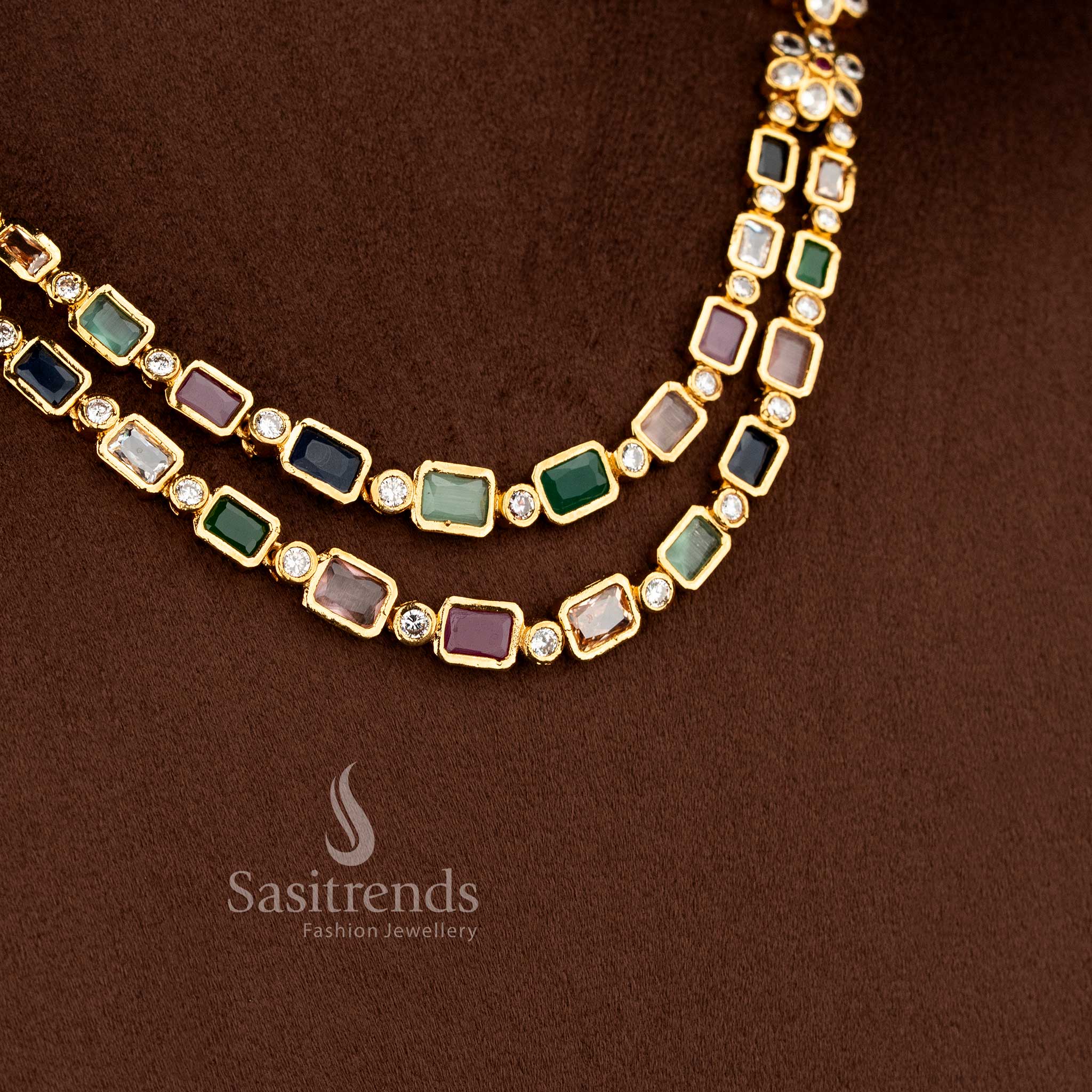 Elegant American Diamond Matte Gold Plated Double-Layer Multi-Color Baguette Floral Stud with Necklace Jewellery Set for Cultural Programs & Saree Styling - Image 6