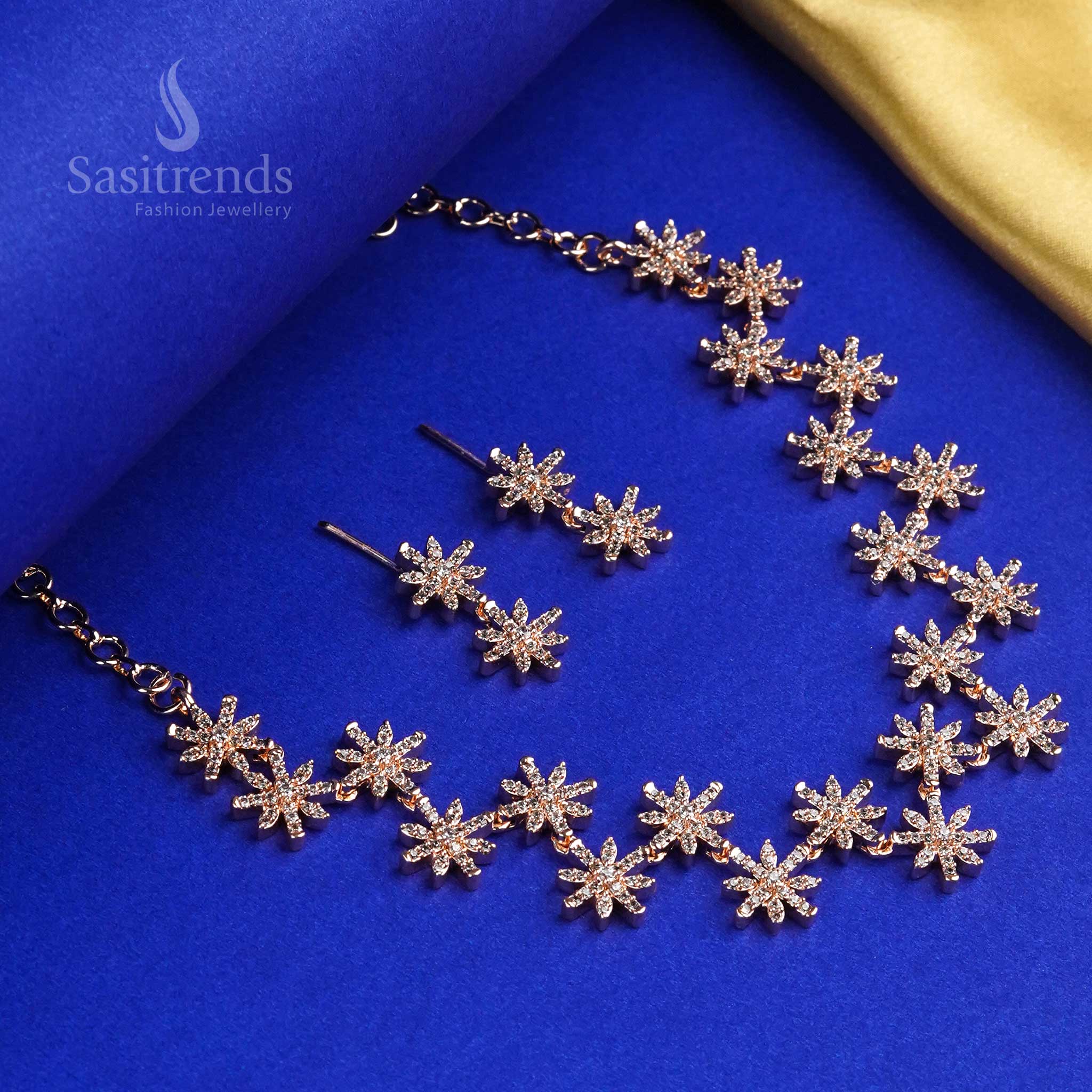 American Diamond Bridal Party Wear Necklace Set in Rhodium Silver & Rose Gold - Sasitrends - Image 10