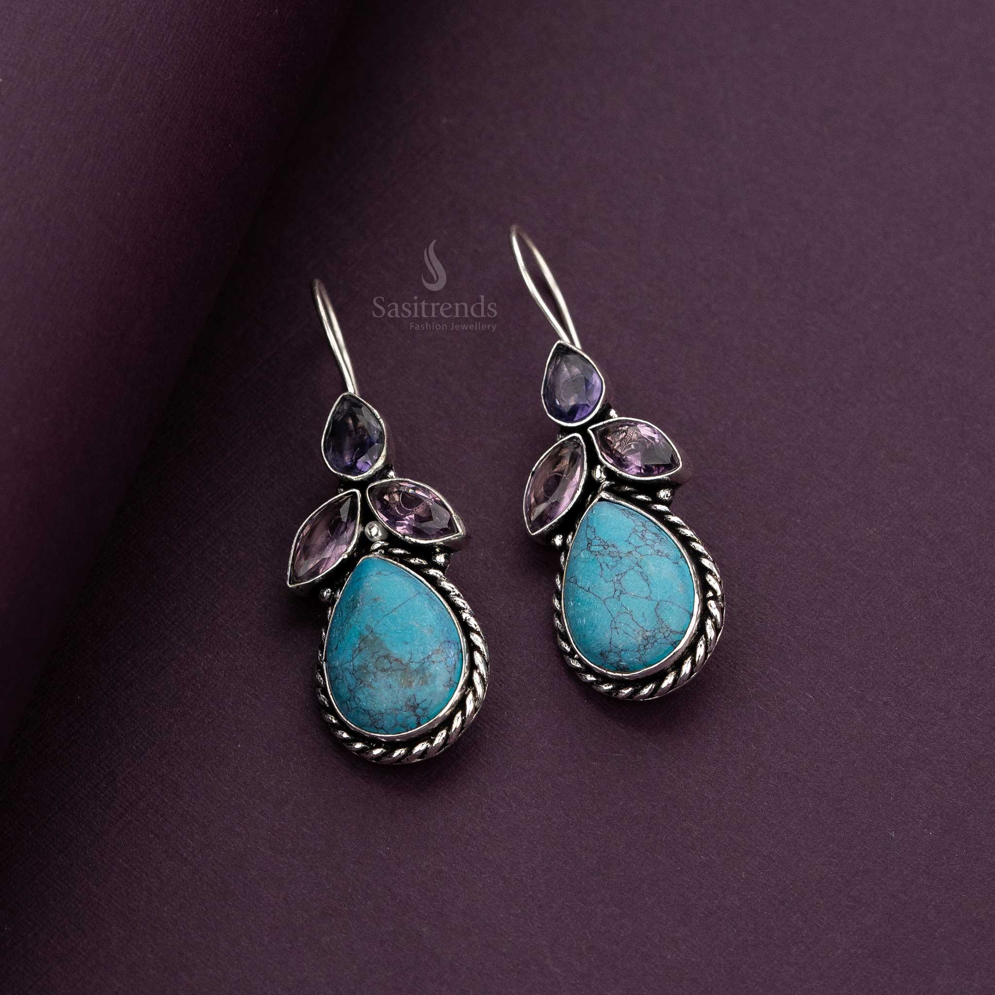 Elegant Leaf Pattern Oxidised Silver Earrings with Marquise Stones - Multiple Colors | Sasitrends - Image 10