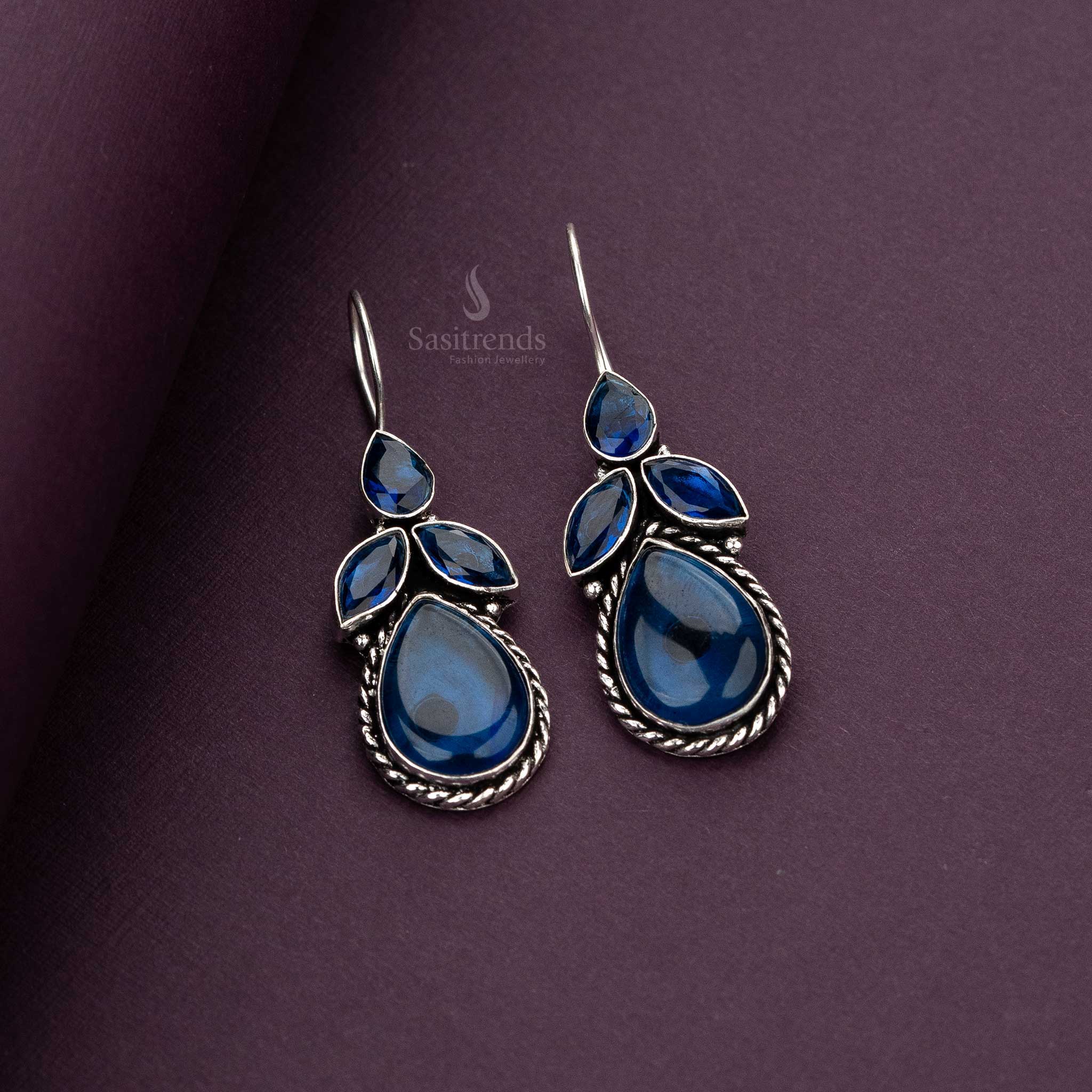 Elegant Leaf Pattern Oxidised Silver Earrings with Marquise Stones - Multiple Colors | Sasitrends - Image 5