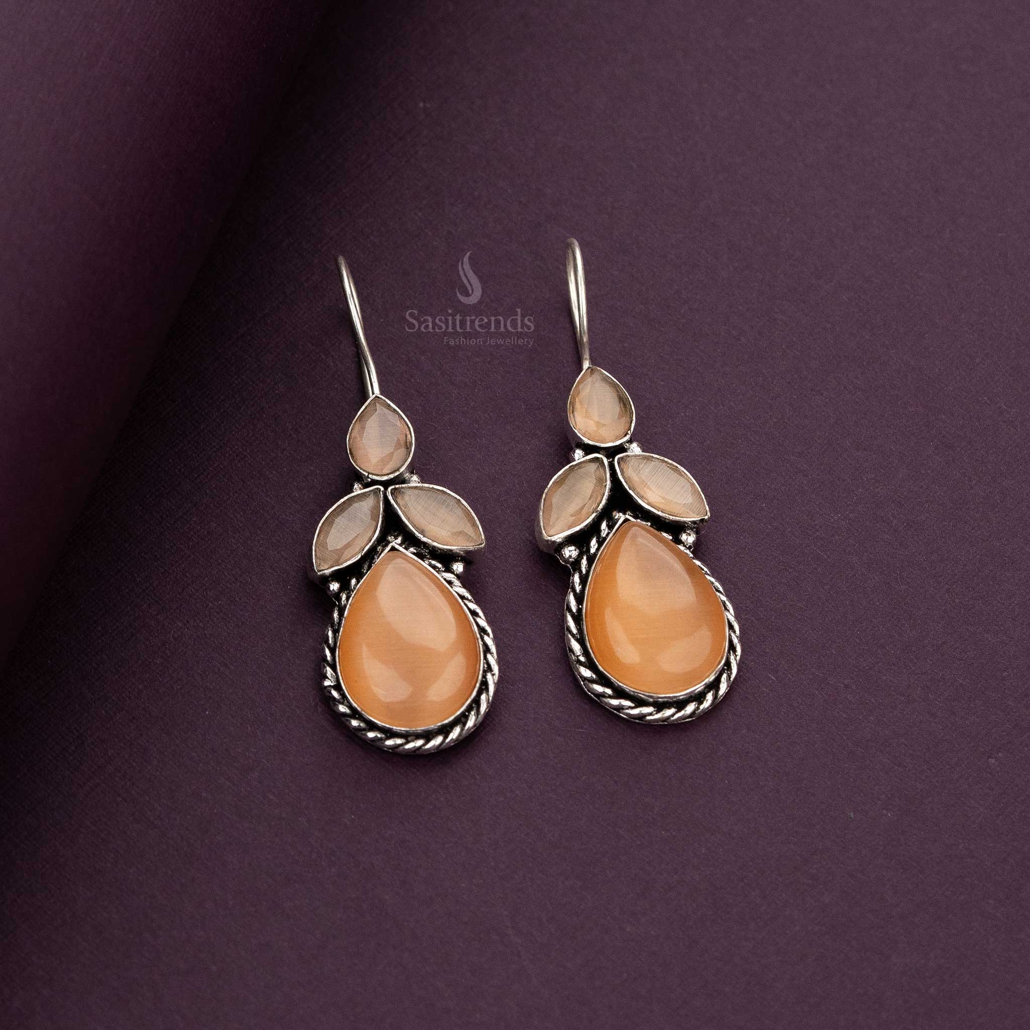 Elegant Leaf Pattern Oxidised Silver Earrings with Marquise Stones - Multiple Colors | Sasitrends - Image 7