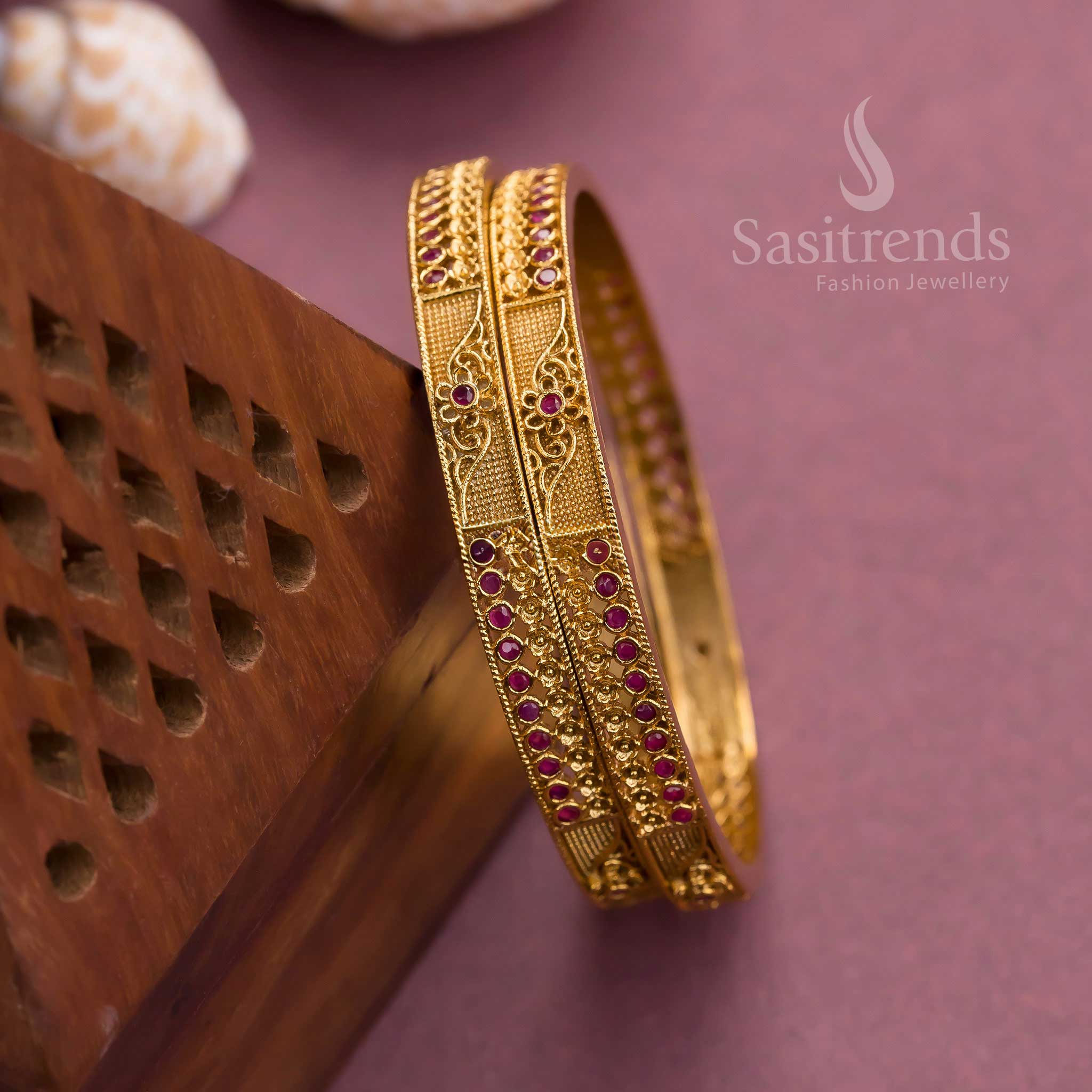 Traditional Temple Matte Gold Plated Floral Bangles with American Diamond Stones for Women - Online Shopping - Image 3