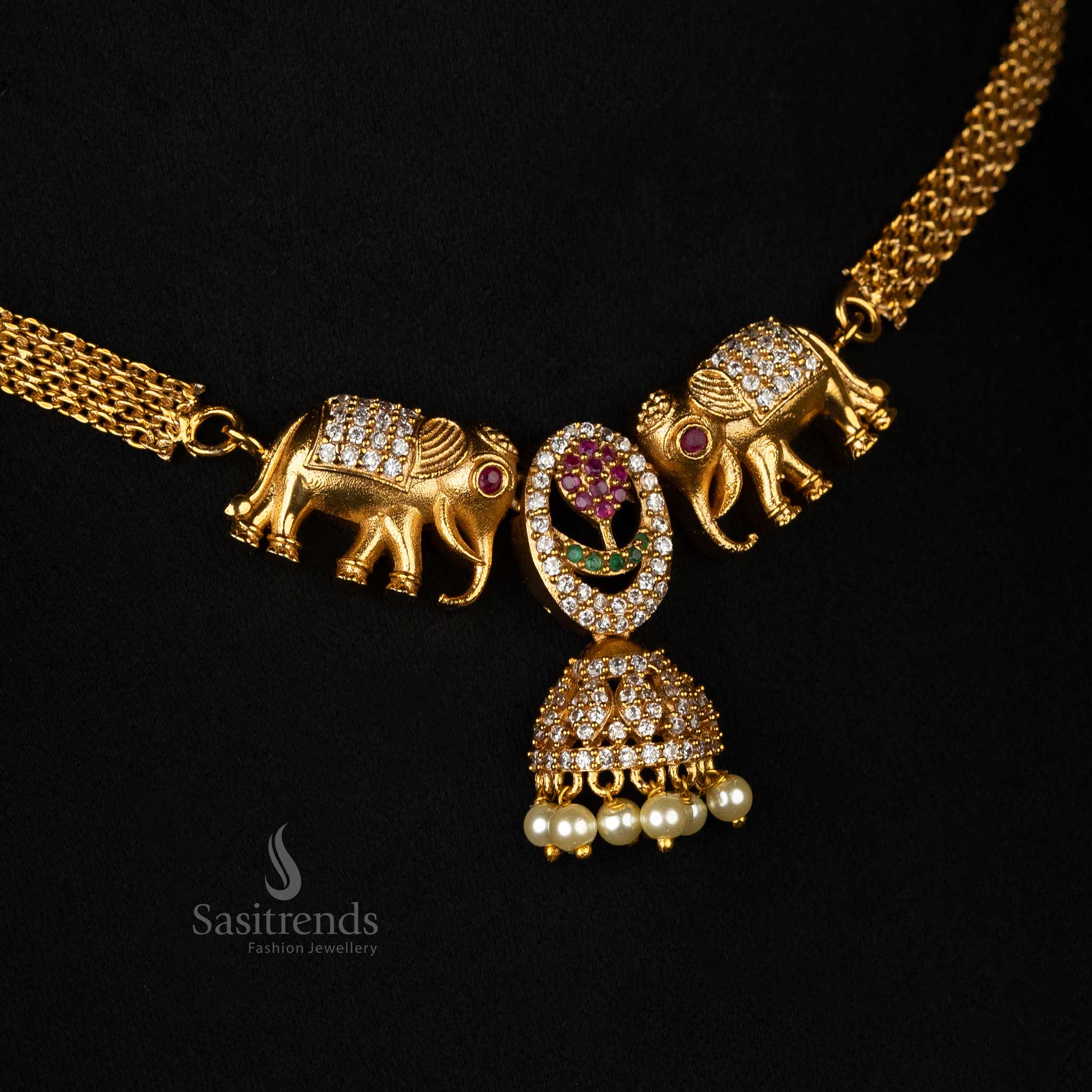 Premium Temple Matte Gold-Plated Choker Necklace Jewellery Set with Elephant Motifs, Floral Accents, AD Stones, and Pearls – Perfect for Bridal and Traditional Wear- Sasitrends - Image 2
