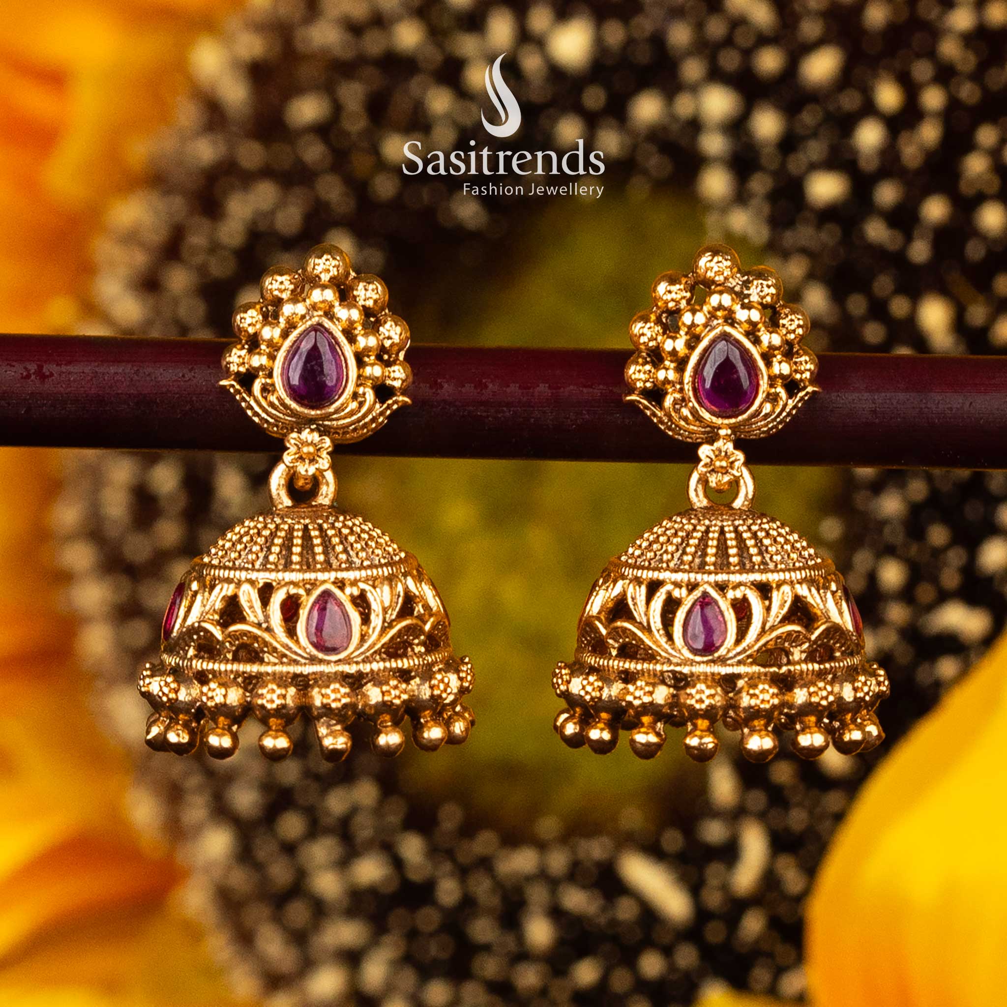 Elegant Temple Matte Gold Jhumka Earrings with Ruby and Green Teardrop Stones for Special Occasions - Sasitrends - Image 2