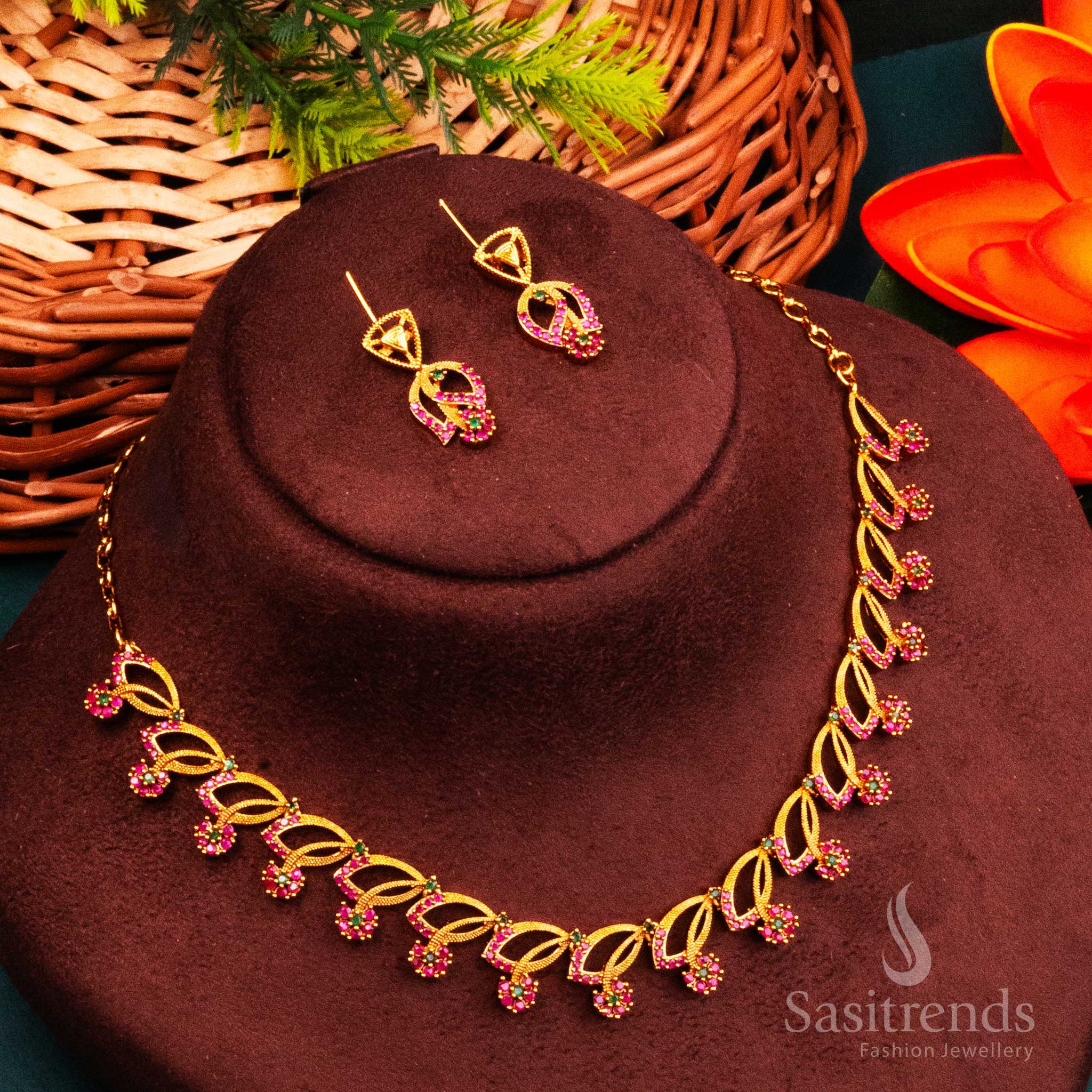 Temple Matte Gold Plated Leaf Necklace Jewellery Set with AD Accents | Sasitrends - Image 5