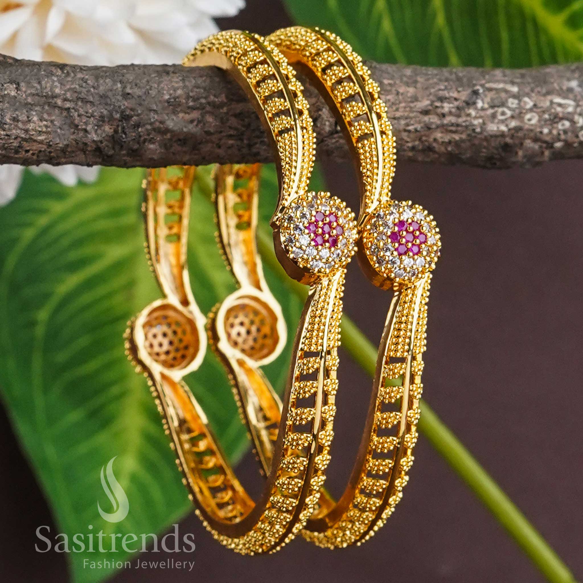 Traditional Leaf Bangles Pair - One Gram Micro Gold Plated with American Diamond Stones - Image 2