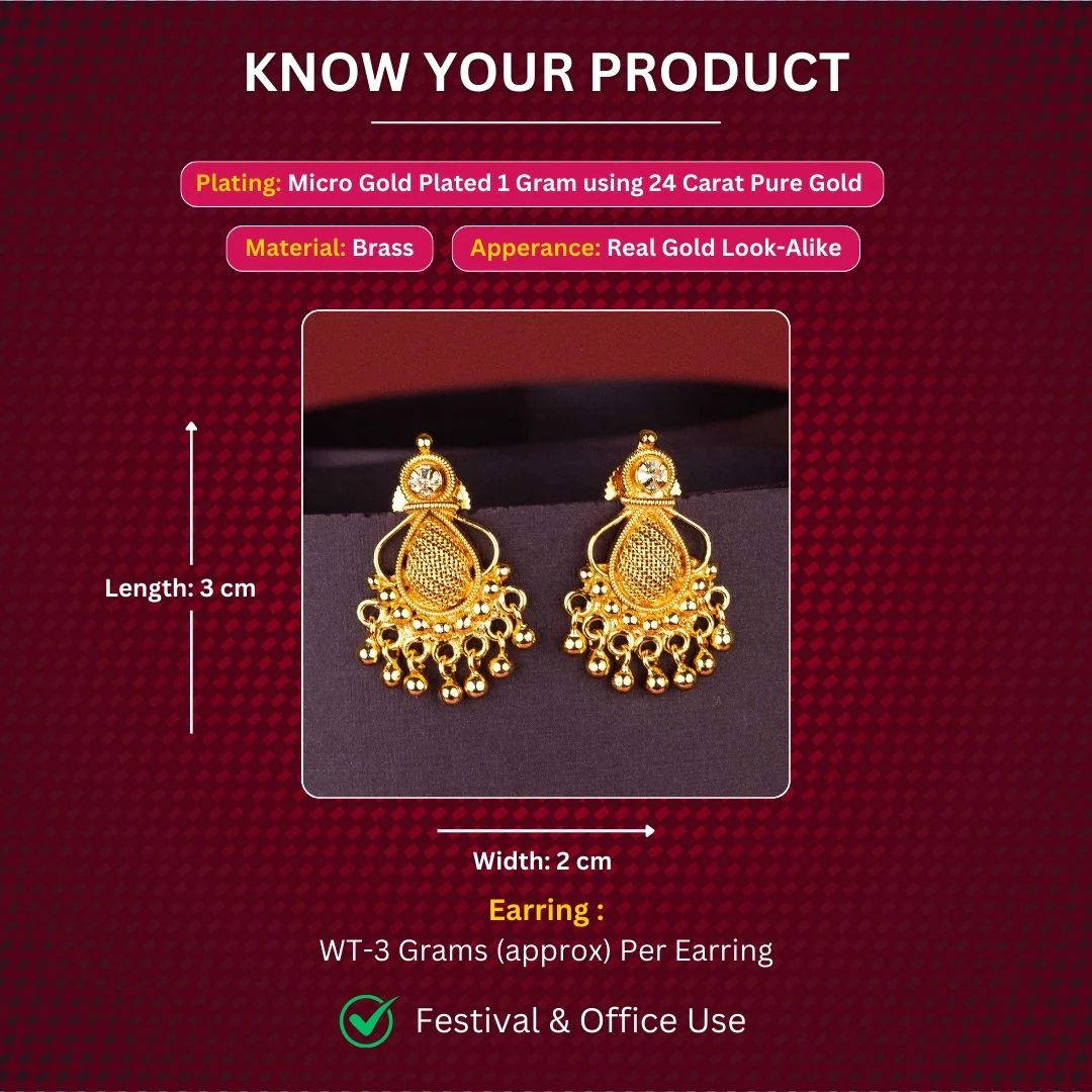 Elegant Waterdrop Mesh Micro Gold Plated Earrings with AD Stone and Golden Balls - Sasitrends - Image 2