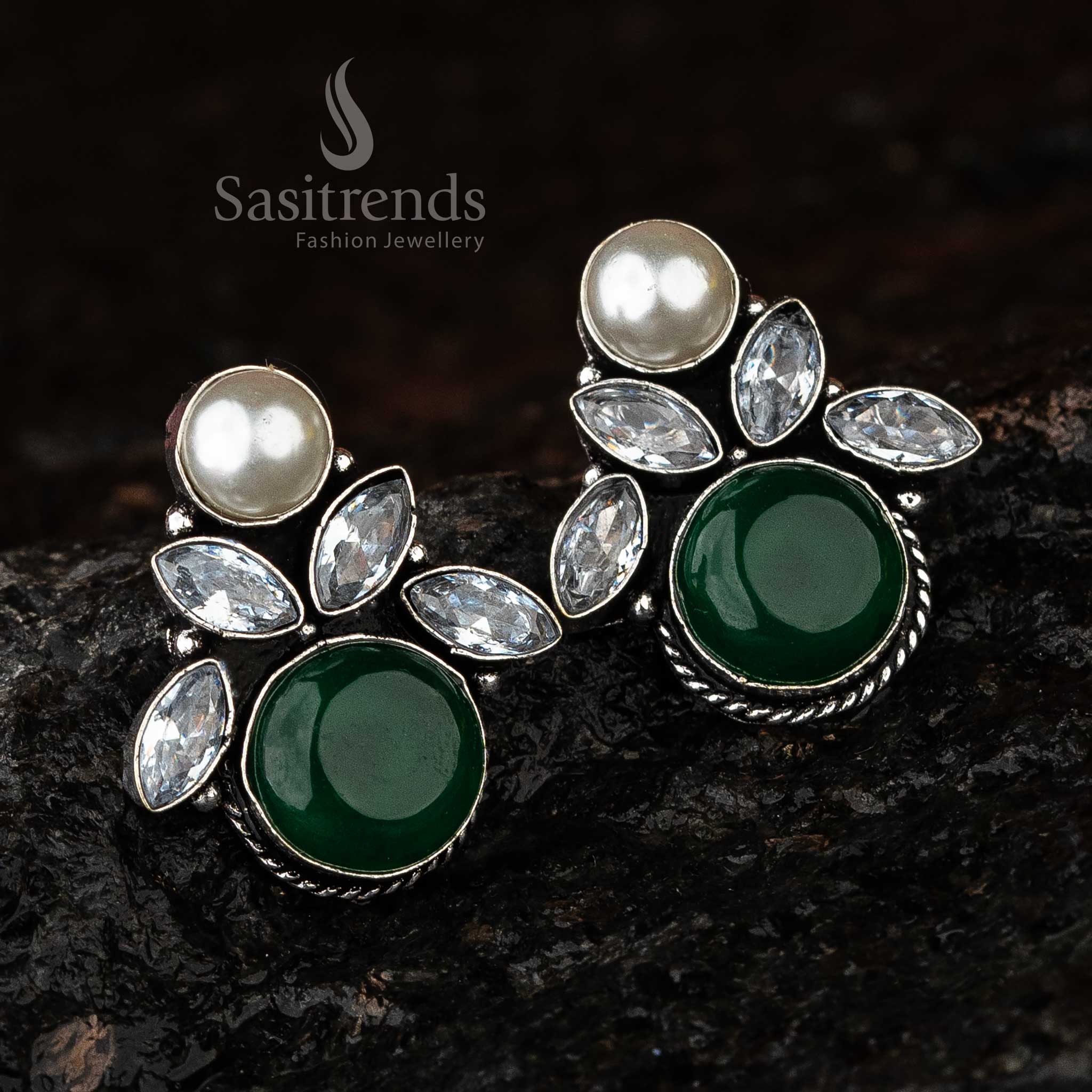 Enchanting Floral Oxidised Earrings with Monalisa Stones and Pearls - Image 6