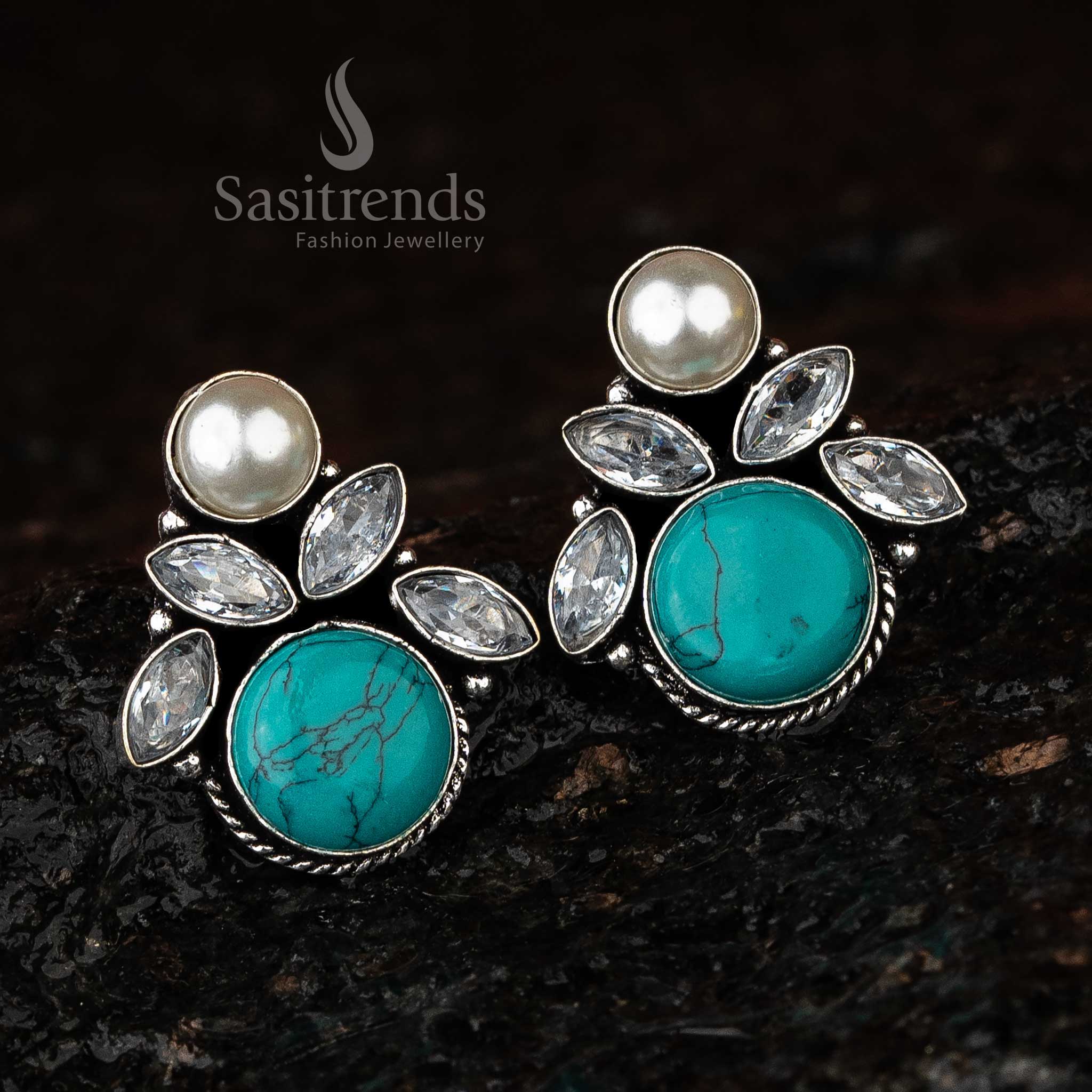 Enchanting Floral Oxidised Earrings with Monalisa Stones and Pearls - Image 9