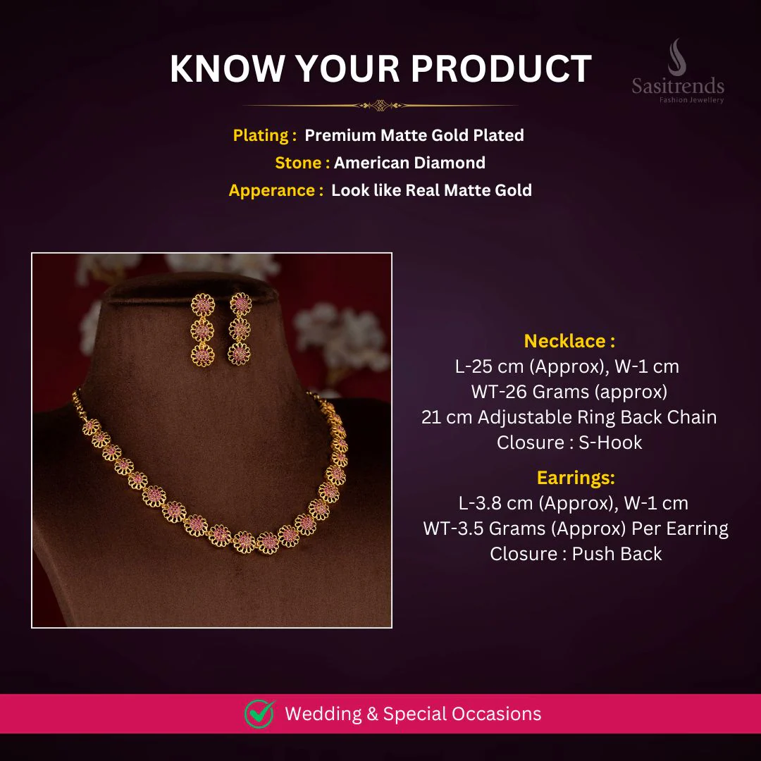 Eternal Bloom American Diamond Matte Gold Plated Round Flower Necklace Set for Sarees & Festive Wear - Image 2