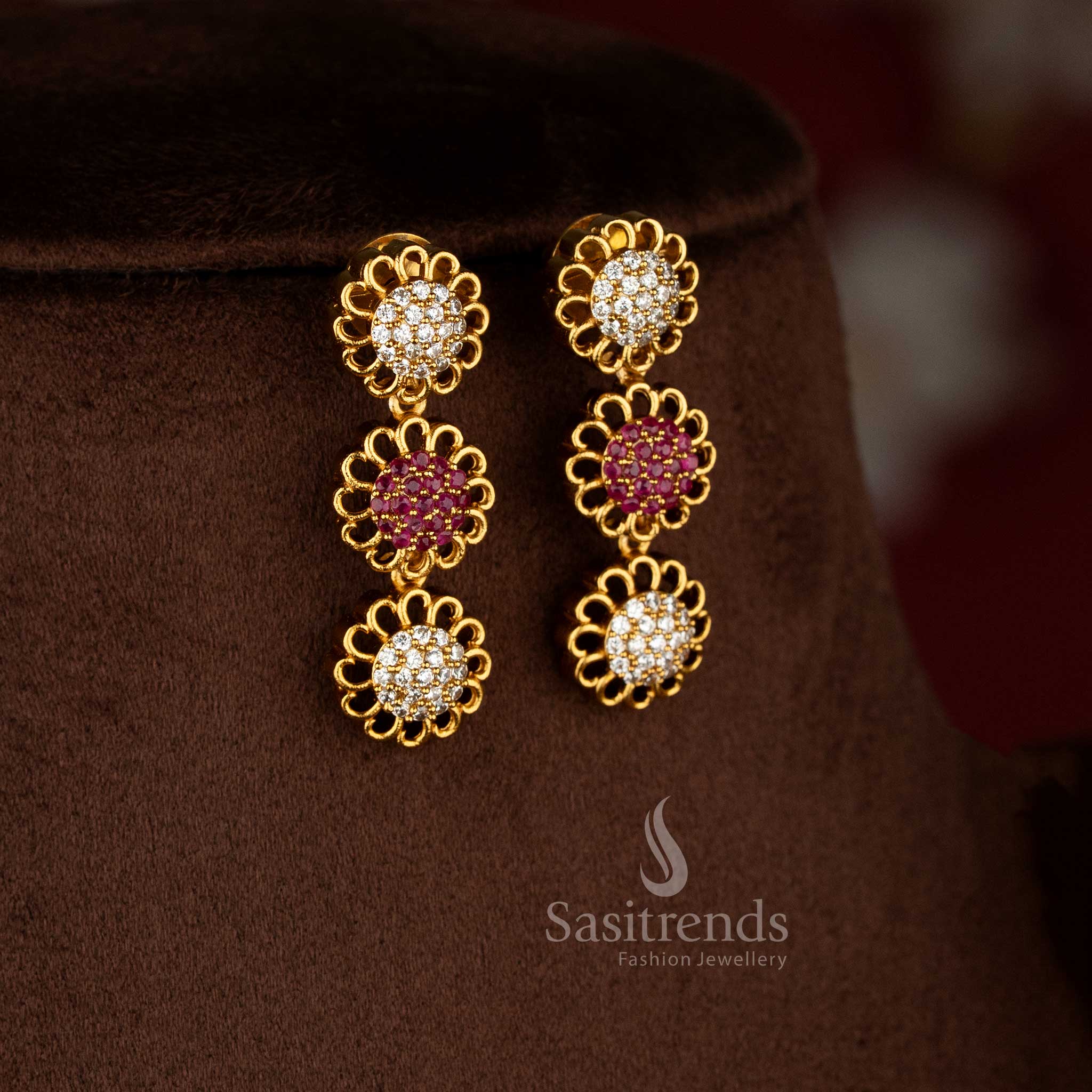 Eternal Bloom American Diamond Matte Gold Plated Round Flower Necklace Set for Sarees & Festive Wear - Image 8