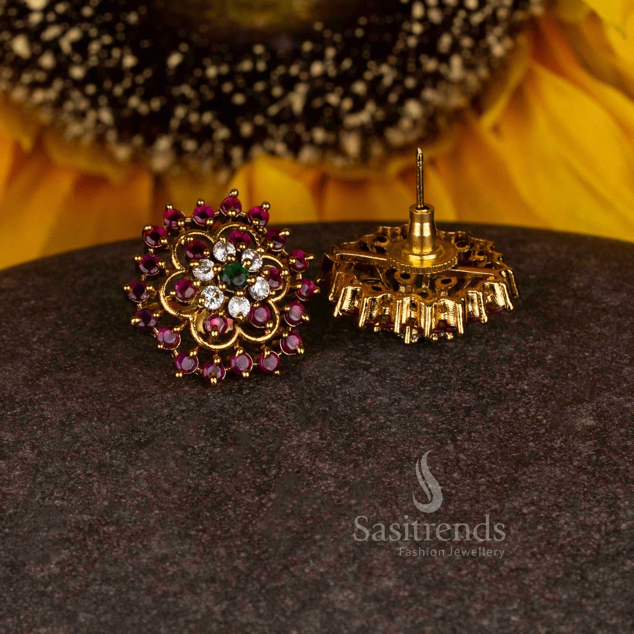 Ethereal Bloom Matte Gold Plated Temple Circular Floral Filigree Stud Earrings with Stone Detailing - Image 3