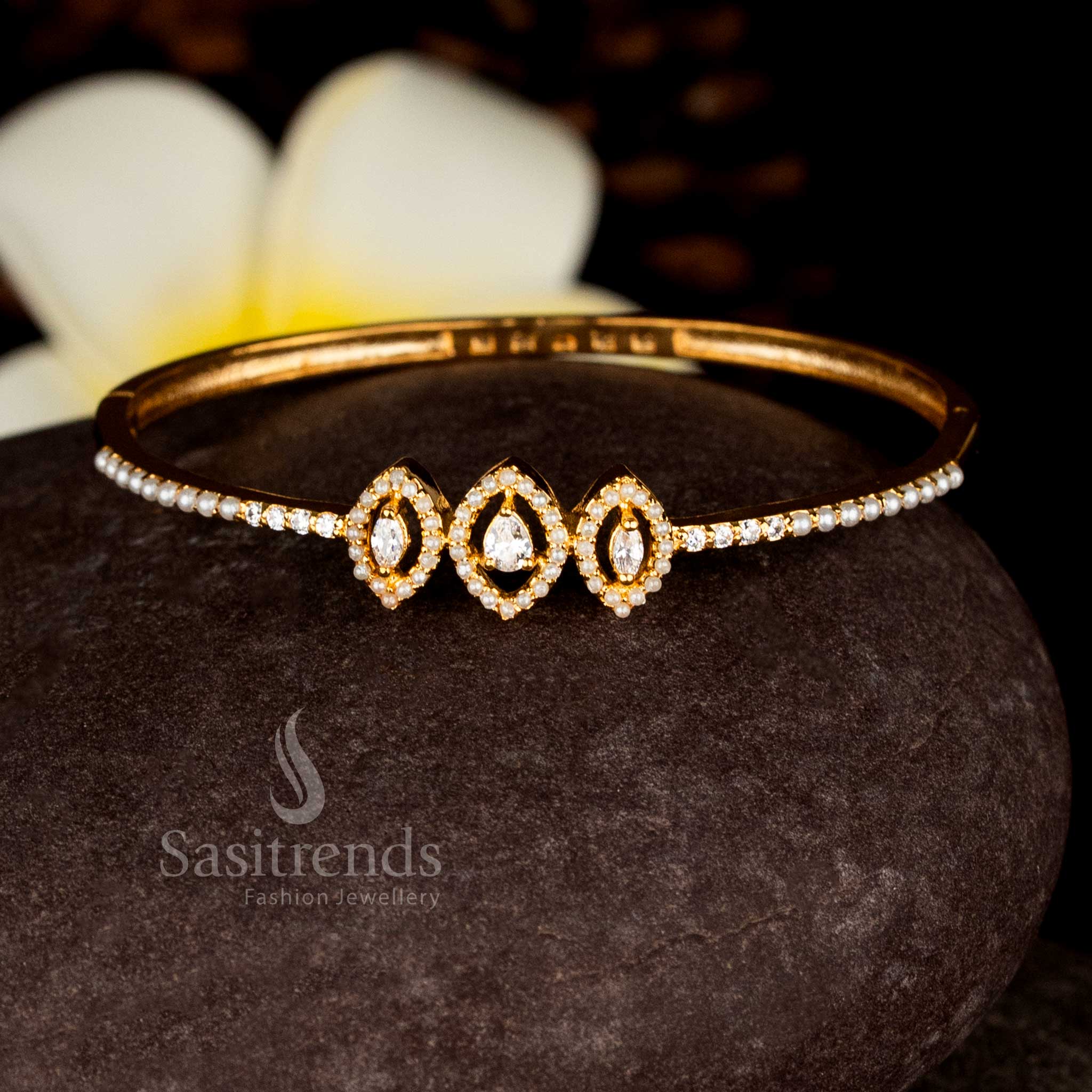 Ethereal Guaranteed Micro Gold Plated American Diamond & Pearl Marquise Oval Openable Bracelet Bangle for Festive & Party Styling - Image 3