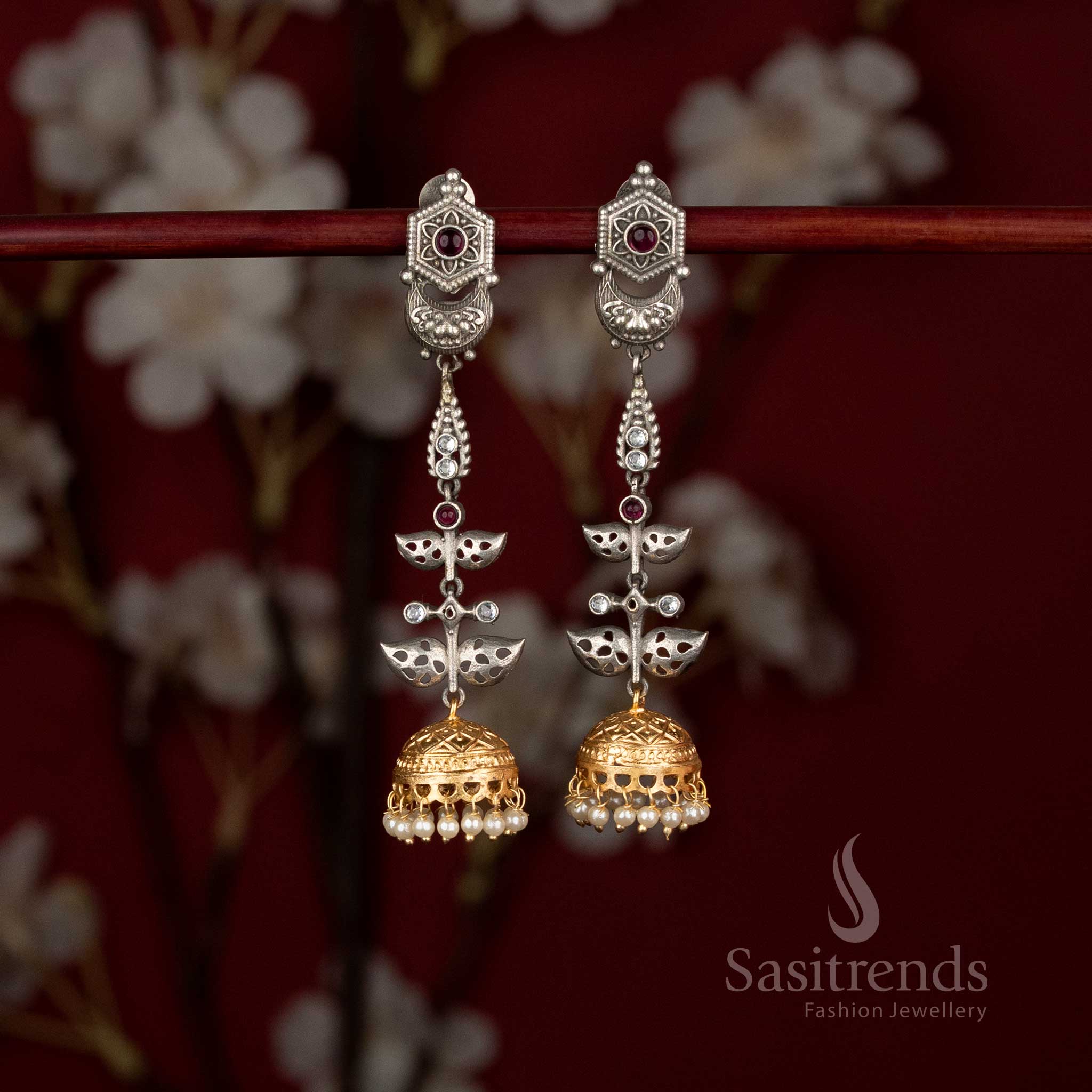Delicate Antique 92.5 Silver Plated Oxidised Hexagon Chandelier Long Jhumka Earrings with Pearls for Evening Hangouts & Meetups