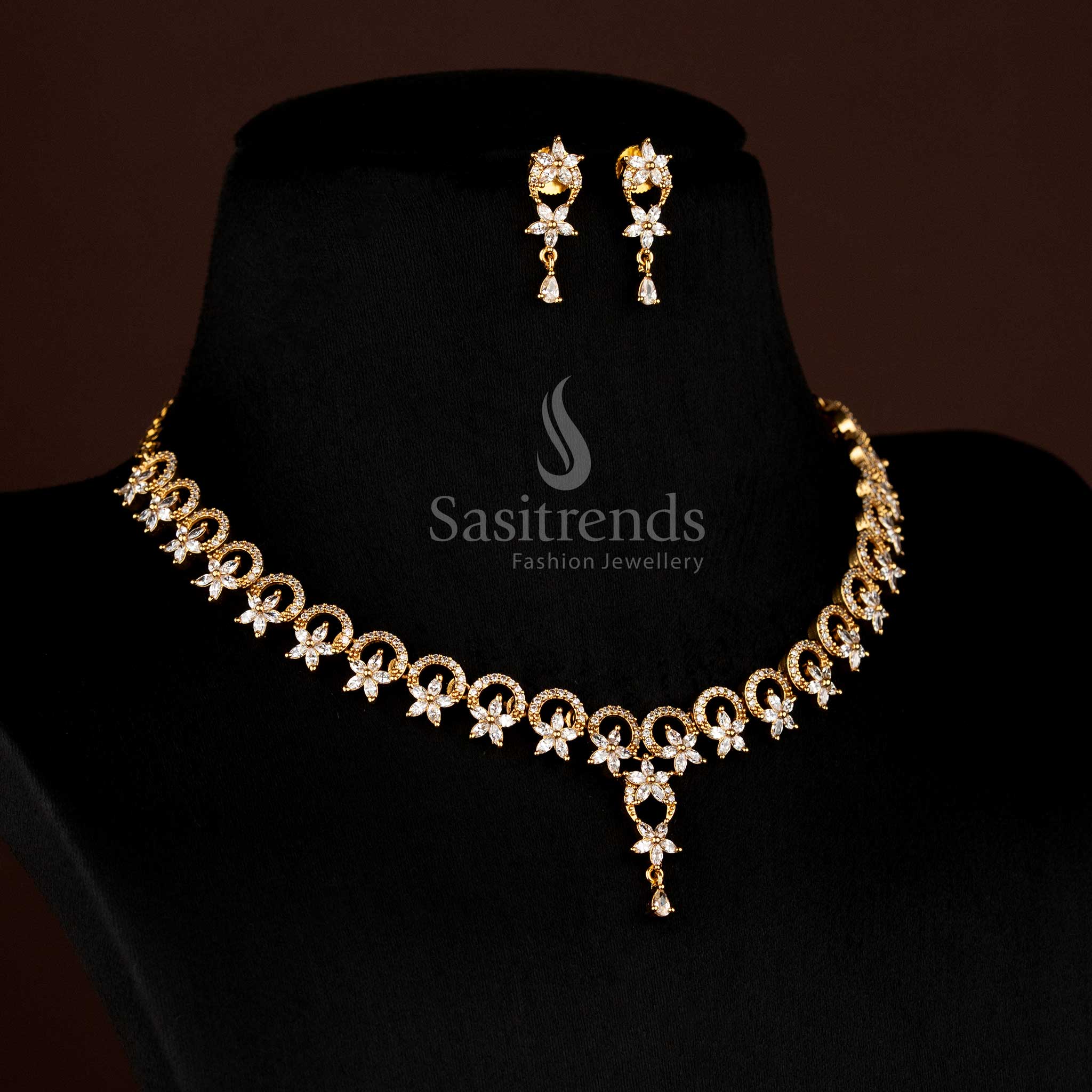 Exquisite Matte Gold Plated American Diamond Round Cut Necklace Set with Floral Petals for Festive Wear – Sasitrends