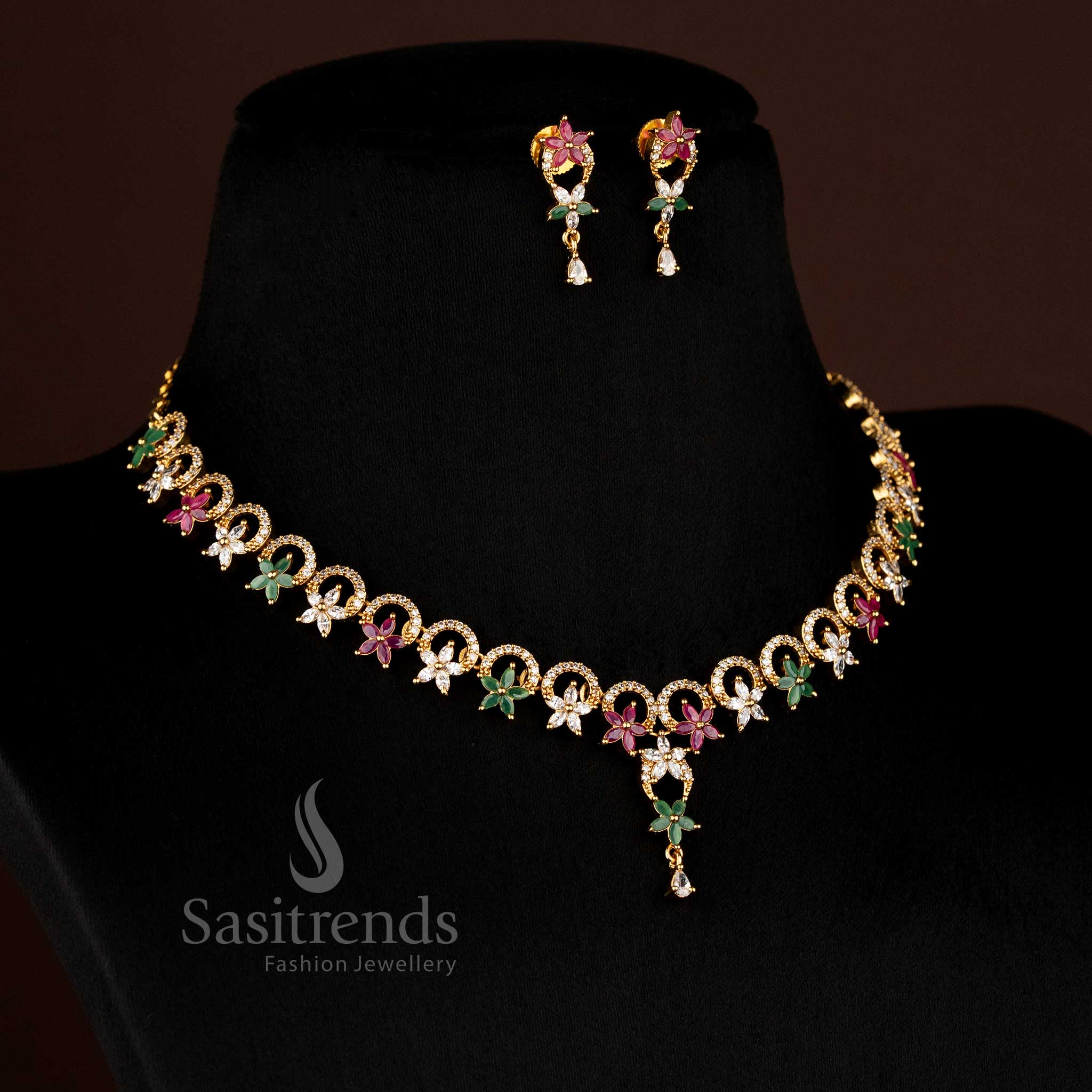 Exquisite Matte Gold Plated American Diamond Round Cut Necklace Set with Floral Petals for Festive Wear – Sasitrends - Image 2