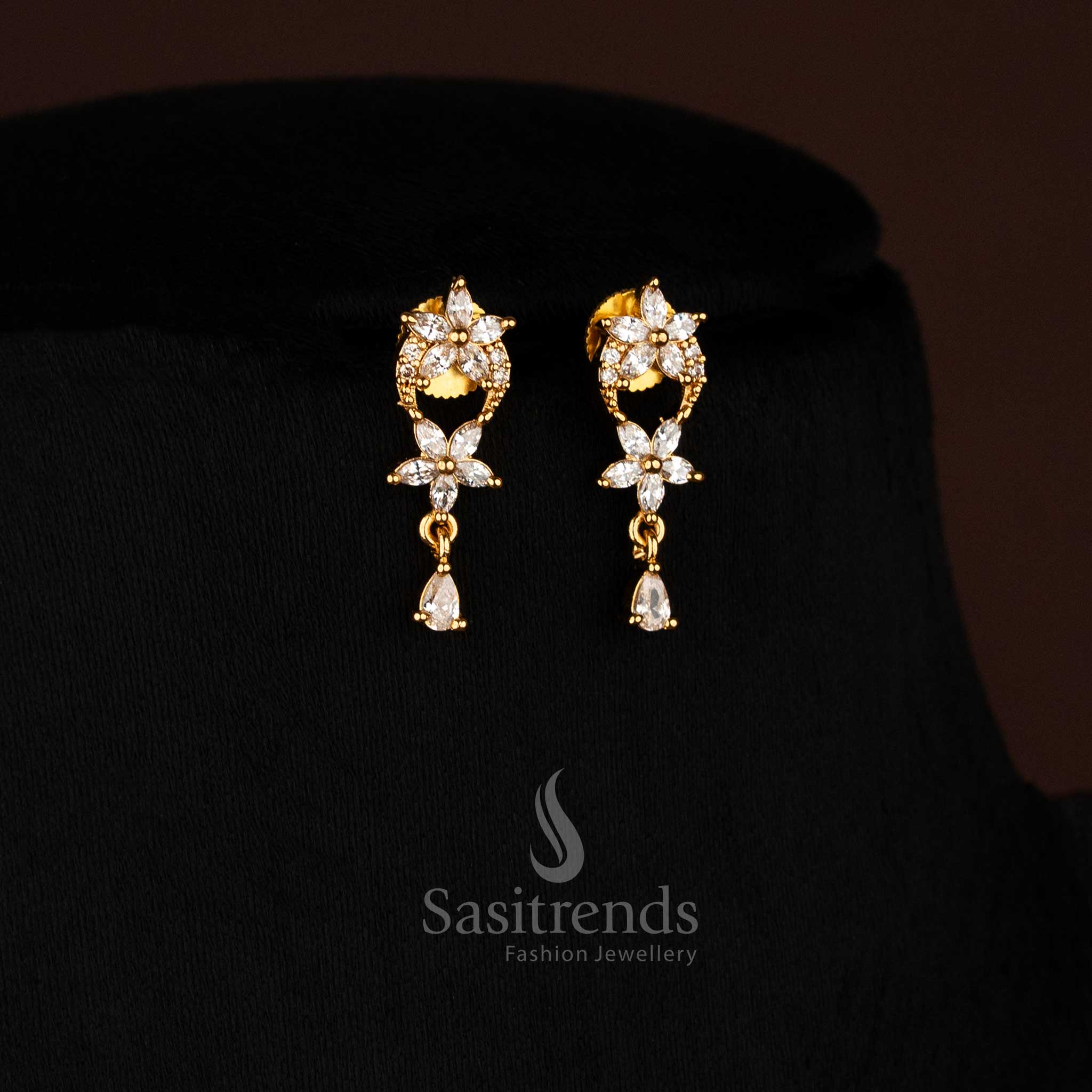 Exquisite Matte Gold Plated American Diamond Round Cut Necklace Set with Floral Petals for Festive Wear – Sasitrends - Image 3