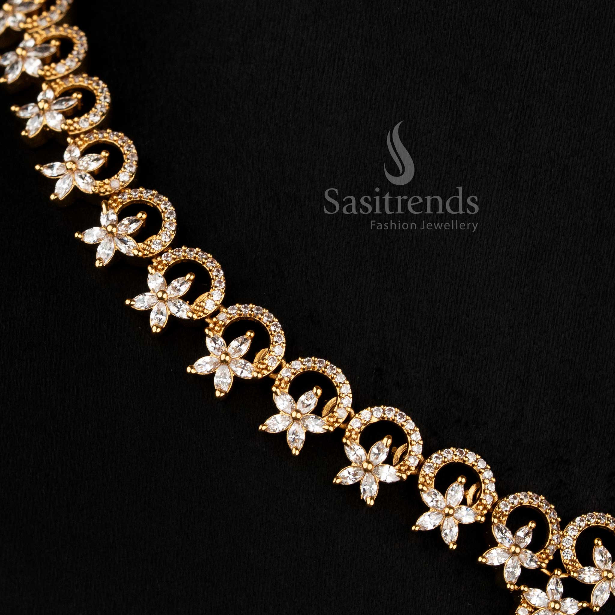 Exquisite Matte Gold Plated American Diamond Round Cut Necklace Set with Floral Petals for Festive Wear – Sasitrends - Image 4