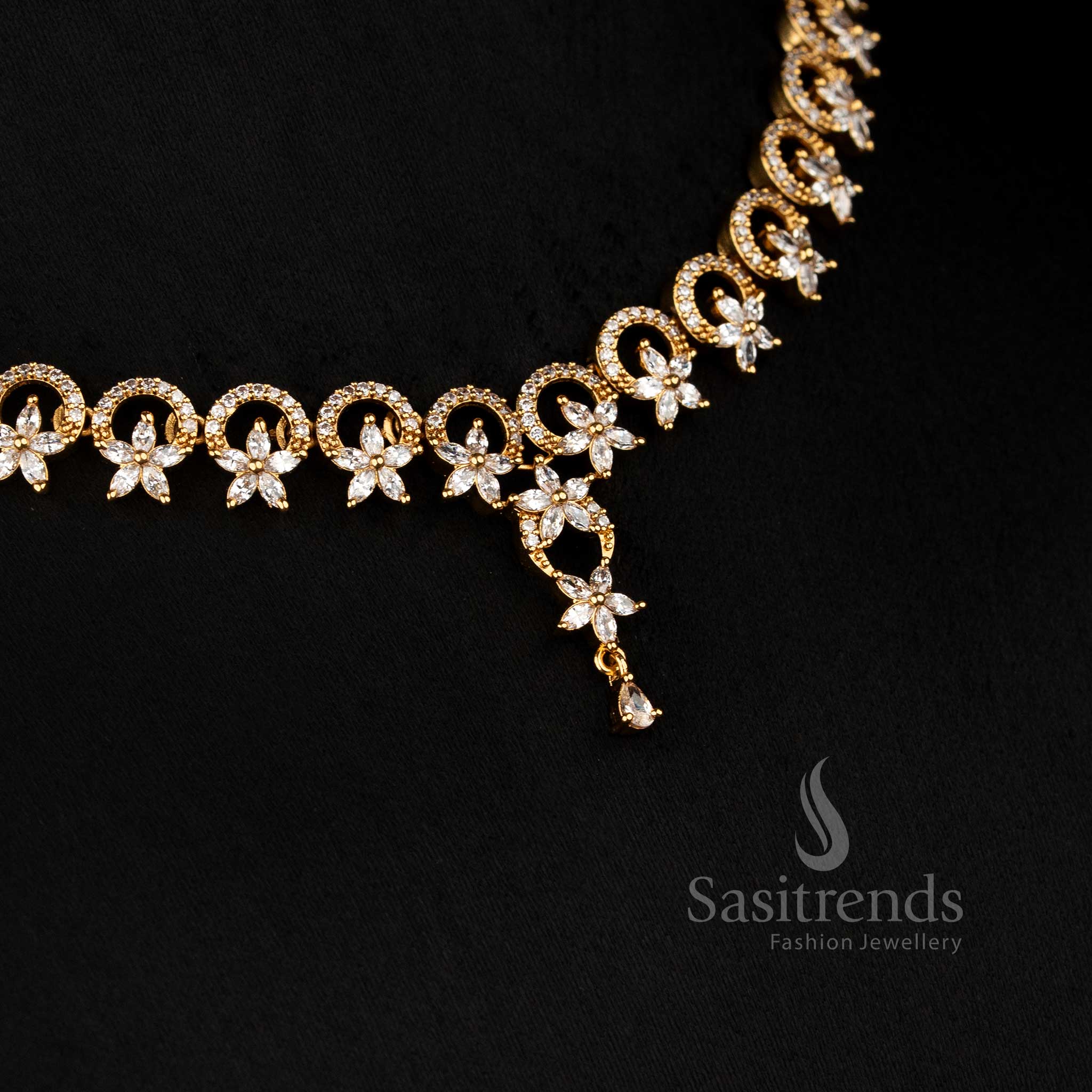 Exquisite Matte Gold Plated American Diamond Round Cut Necklace Set with Floral Petals for Festive Wear – Sasitrends - Image 5