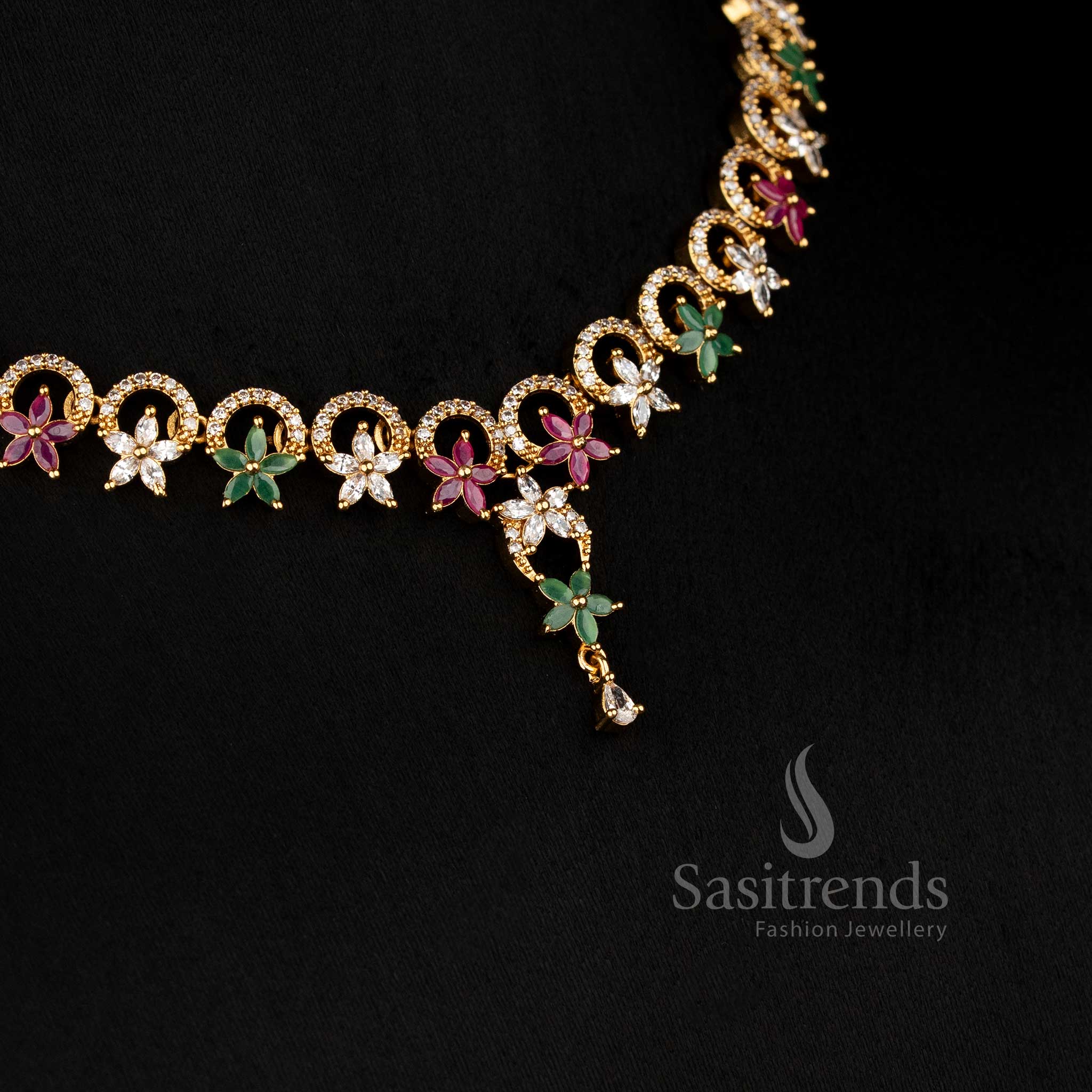 Exquisite Matte Gold Plated American Diamond Round Cut Necklace Set with Floral Petals for Festive Wear – Sasitrends - Image 6