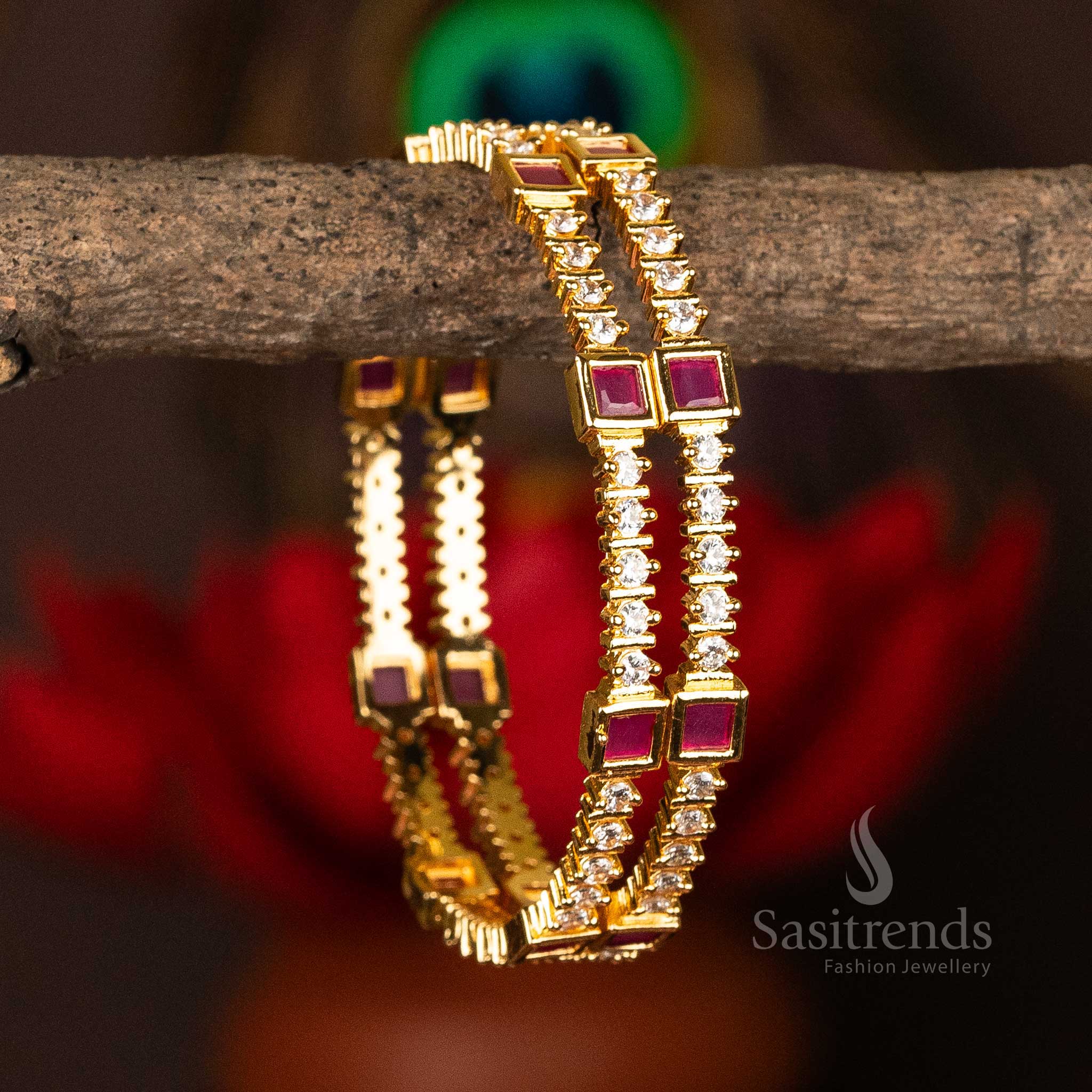 Exquisite Micro Gold Plated Round and Square Shaped American Diamond Stones Bangles - Image 3