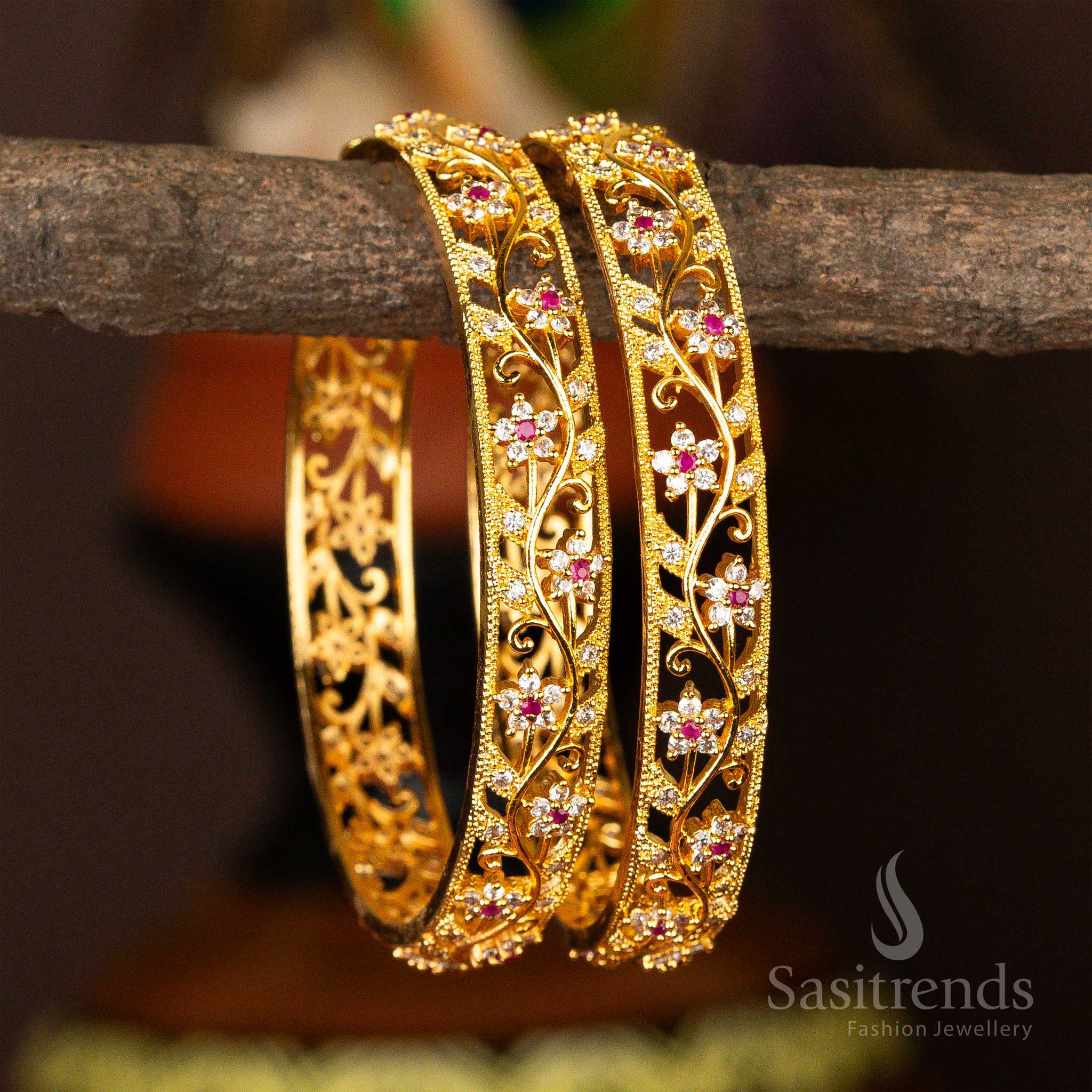 Exquisite Micro Gold Plated Star Flower Leaf Designer American Diamond Stones Bangles