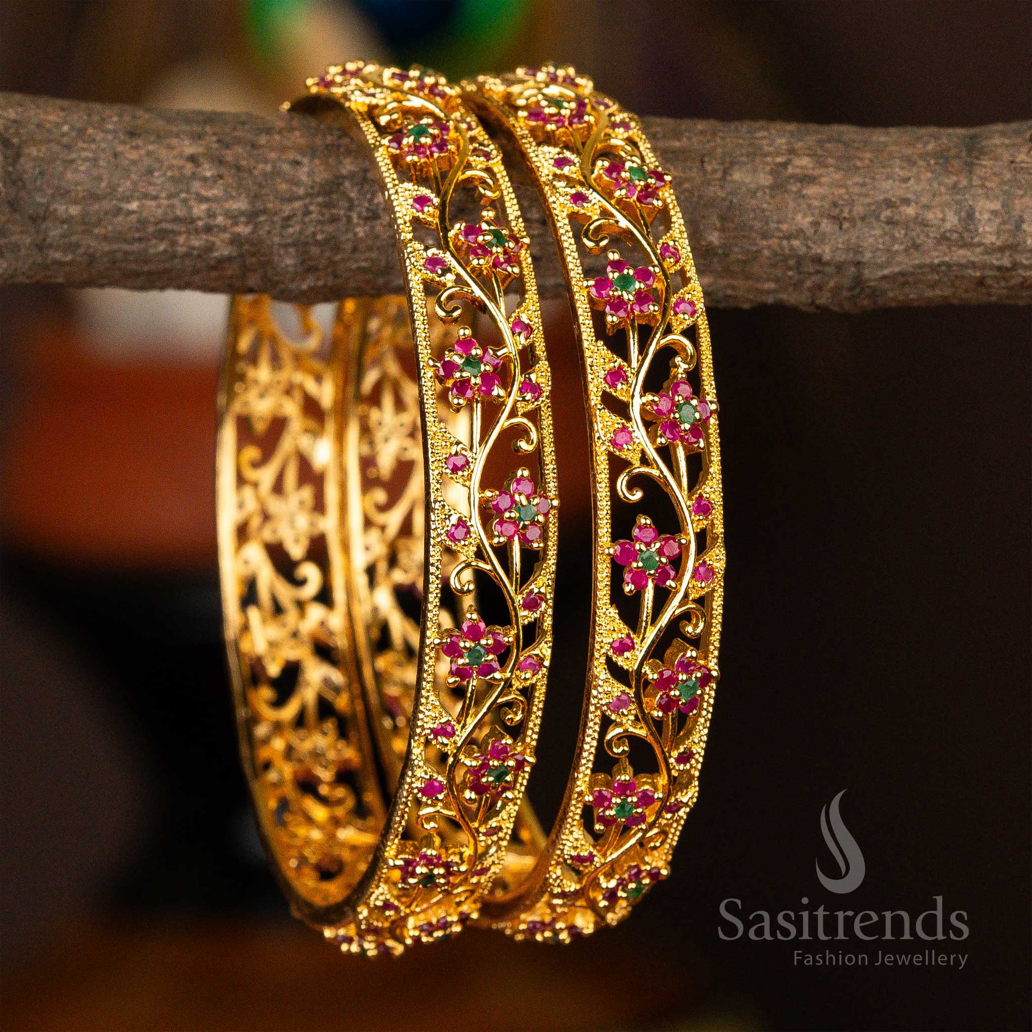 Exquisite Micro Gold Plated Star Flower Leaf Designer American Diamond Stones Bangles - Image 2