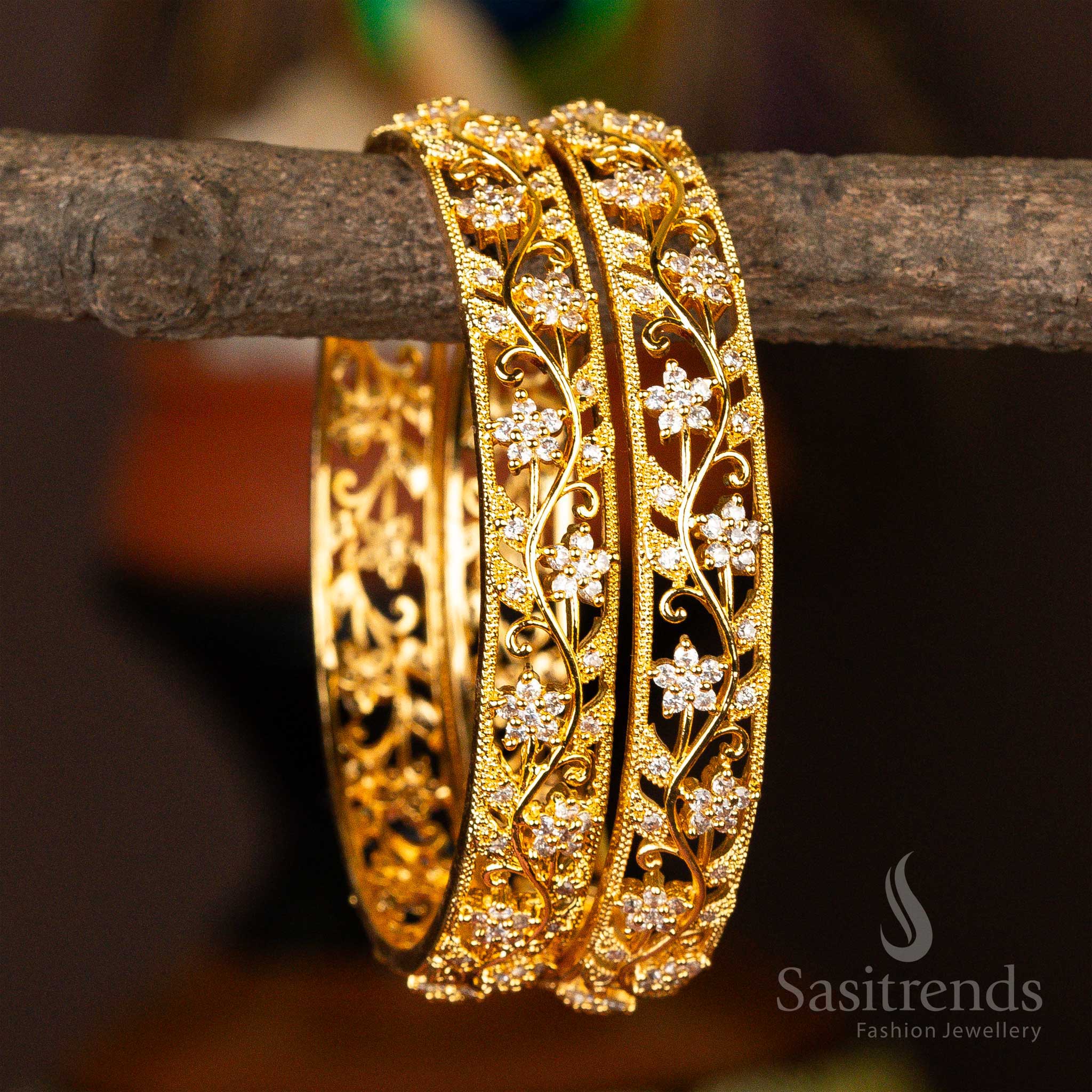 Exquisite Micro Gold Plated Star Flower Leaf Designer American Diamond Stones Bangles - Image 3