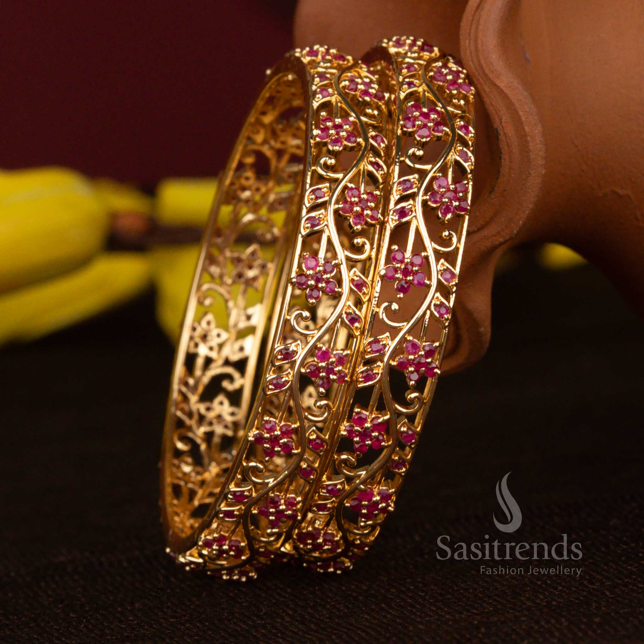 Exquisite Micro Gold Plated Star Flower Leaf Designer American Diamond Stones Bangles - Image 4
