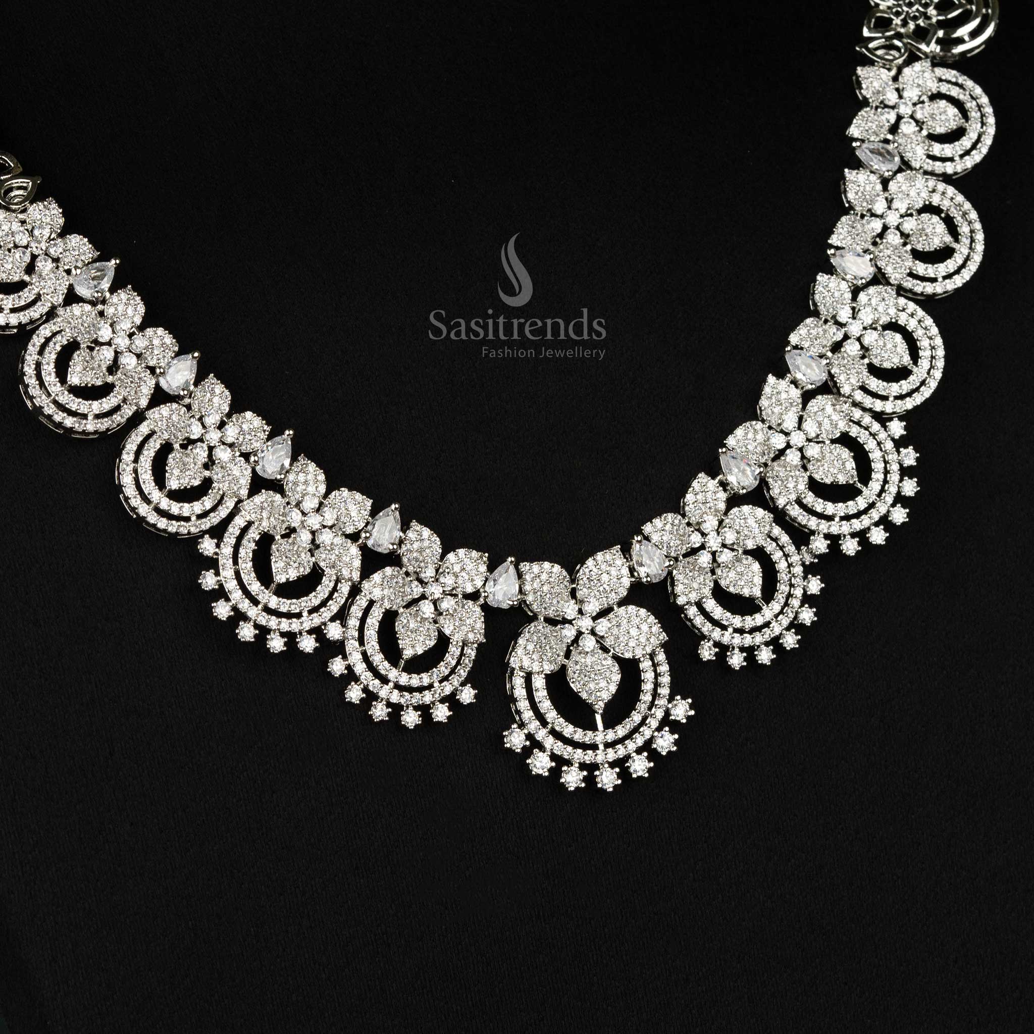 Exquisite American Diamond Rhodium Silver & Ganga Jamuna Plated Necklace Jewellery Set with Intricate Circular Motifs - Image 2