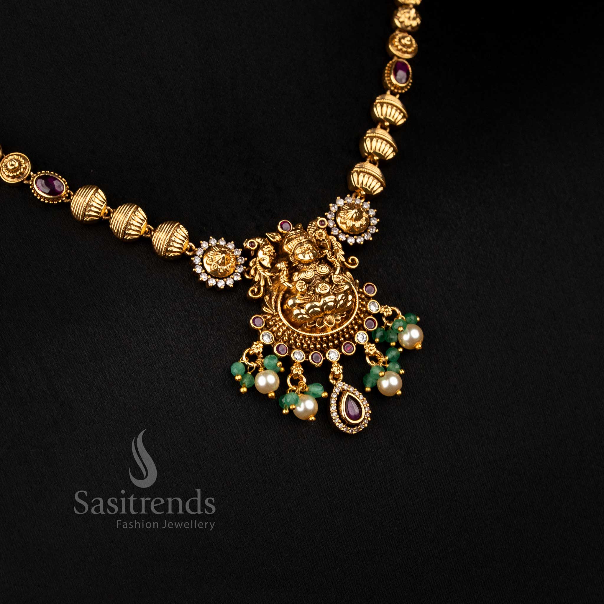 Exquisite Premium Temple Matte Gold Plated Lotus Lakshmi Necklace Set with Pearl Hanging for Cultural Festivals & Family Gatherings - Image 2