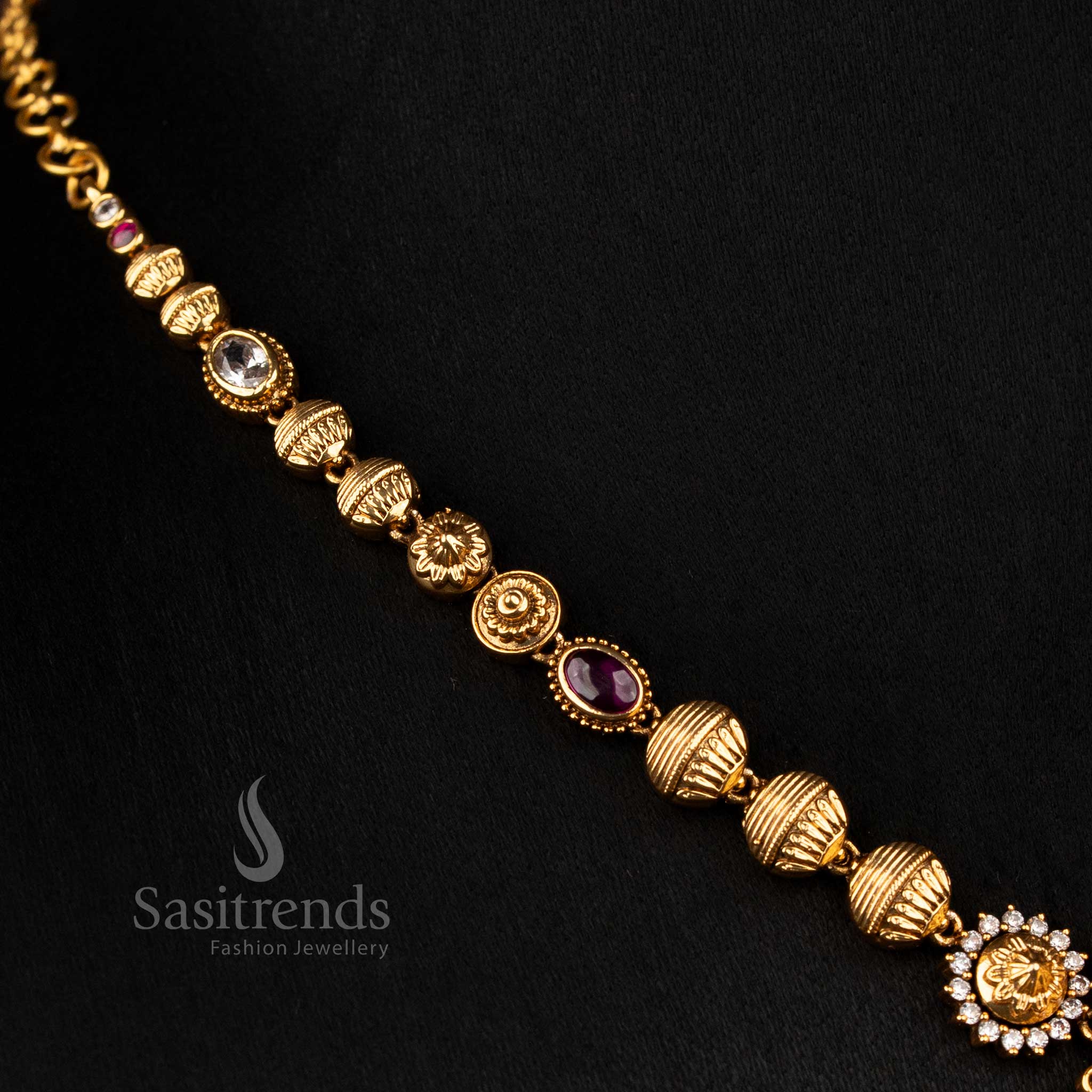 Exquisite Premium Temple Matte Gold Plated Lotus Lakshmi Necklace Set with Pearl Hanging for Cultural Festivals & Family Gatherings - Image 4