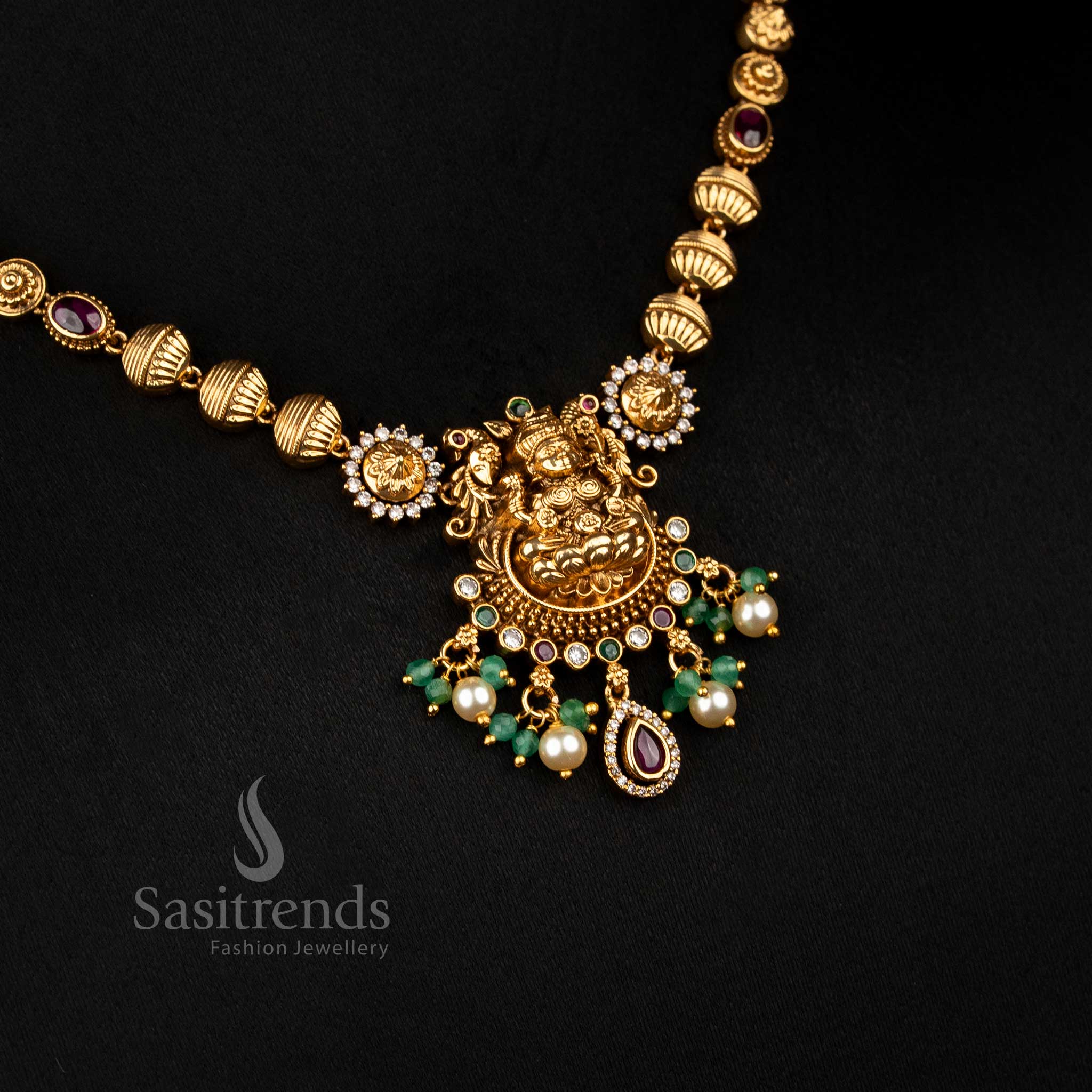 Exquisite Premium Temple Matte Gold Plated Lotus Lakshmi Necklace Set with Pearl Hanging for Cultural Festivals & Family Gatherings - Image 5