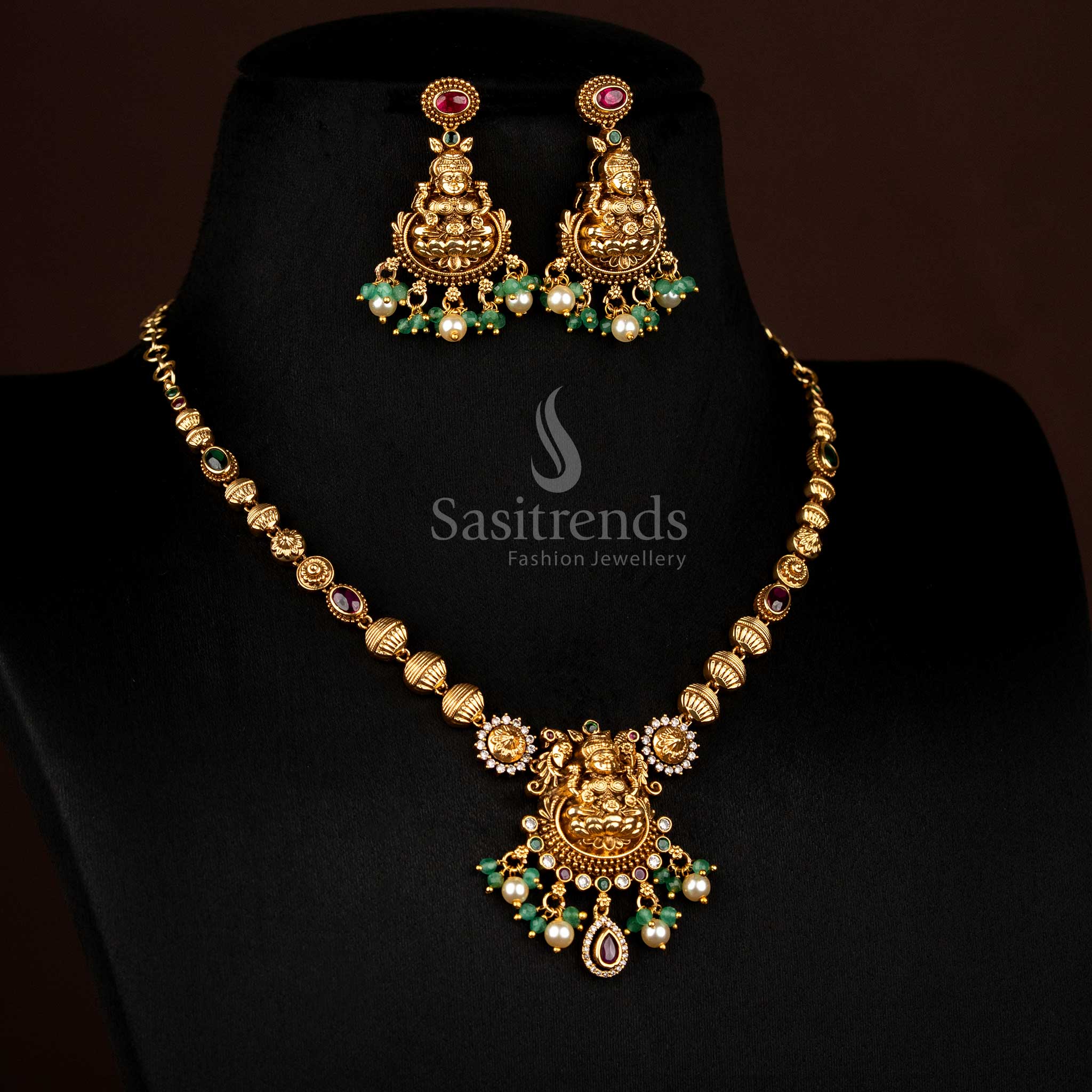 Exquisite Premium Temple Matte Gold Plated Lotus Lakshmi Necklace Set with Pearl Hanging for Cultural Festivals & Family Gatherings - Image 6