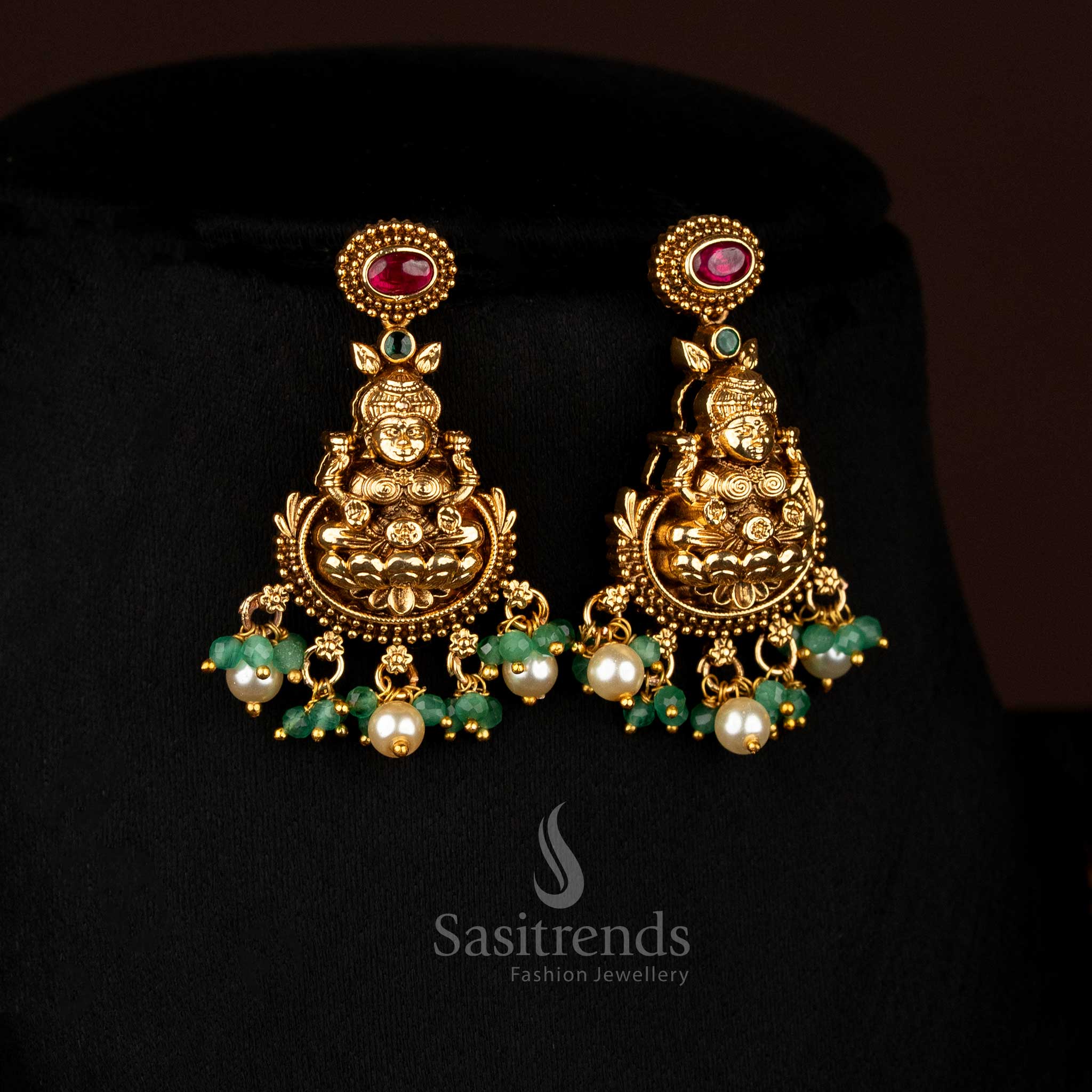 Exquisite Premium Temple Matte Gold Plated Lotus Lakshmi Necklace Set with Pearl Hanging for Cultural Festivals & Family Gatherings - Image 7