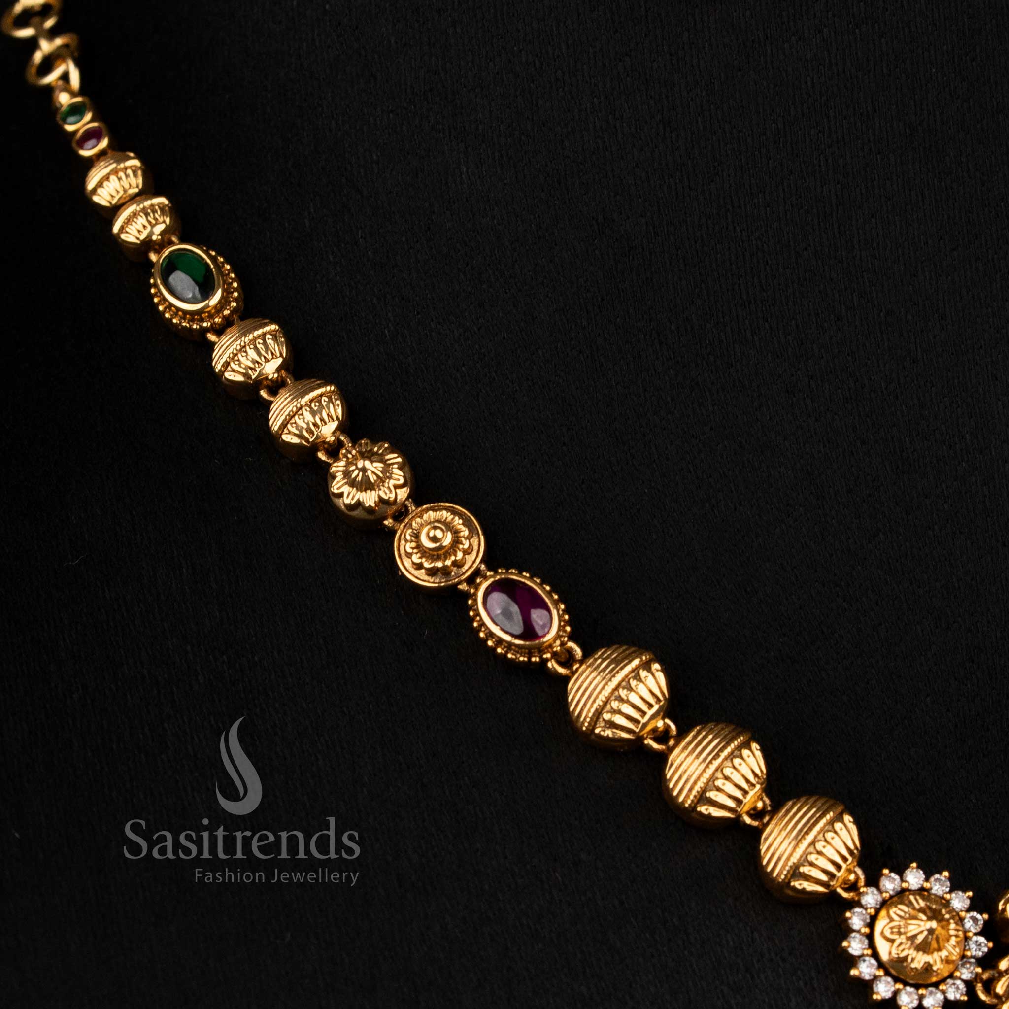 Exquisite Premium Temple Matte Gold Plated Lotus Lakshmi Necklace Set with Pearl Hanging for Cultural Festivals & Family Gatherings - Image 8