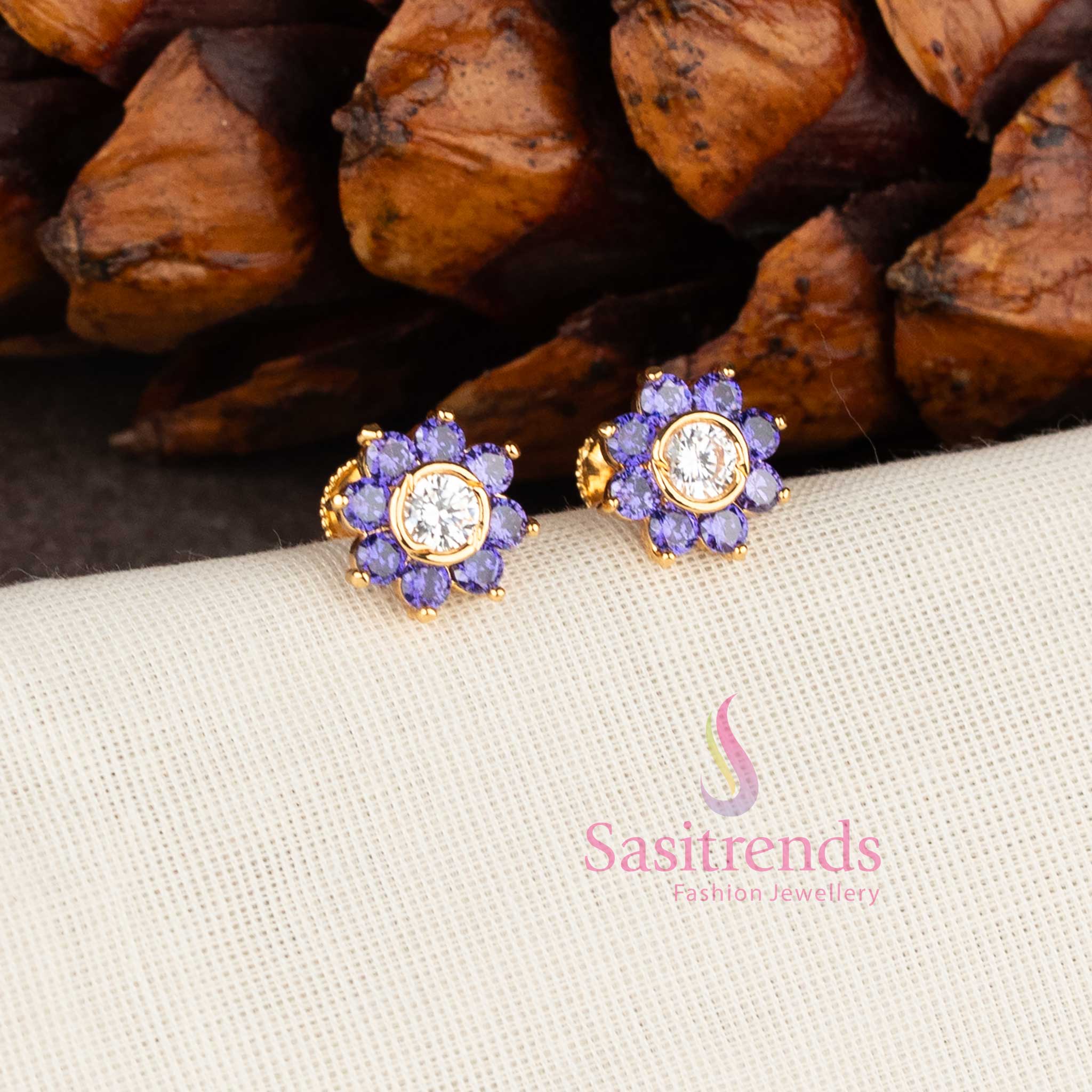 Stunning One Gram Micro Gold Plated American Diamond Floral Stud Earrings - Sasitrends - Image 3