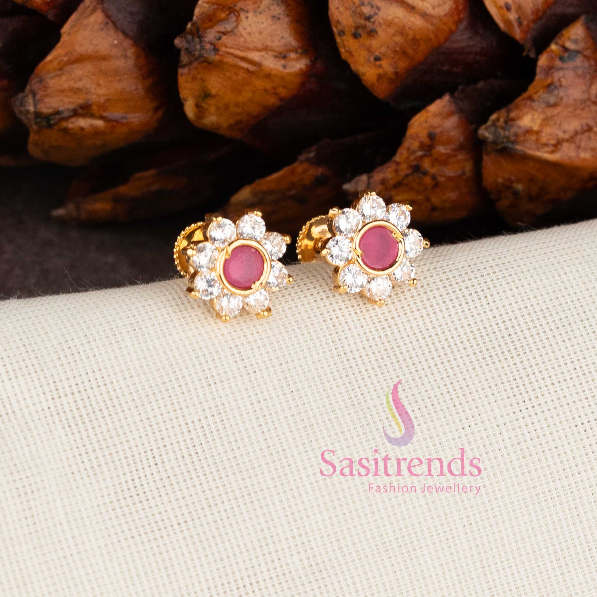 Stunning One Gram Micro Gold Plated American Diamond Floral Stud Earrings - Sasitrends - Image 8