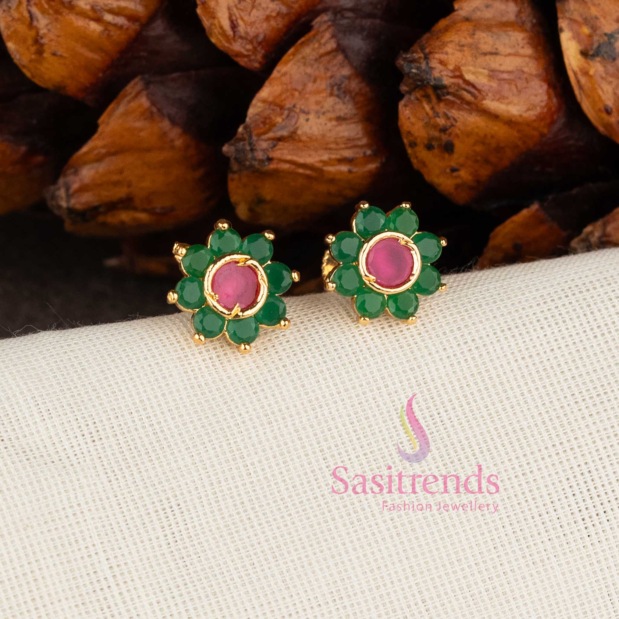Stunning One Gram Micro Gold Plated American Diamond Floral Stud Earrings - Sasitrends - Image 9