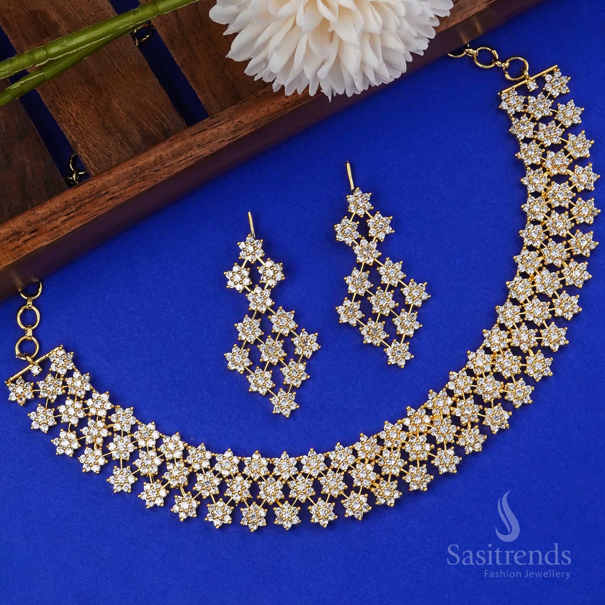 Latest American Diamond Wedding Necklace Jewellery Set - Rhodium Plated - Image 5
