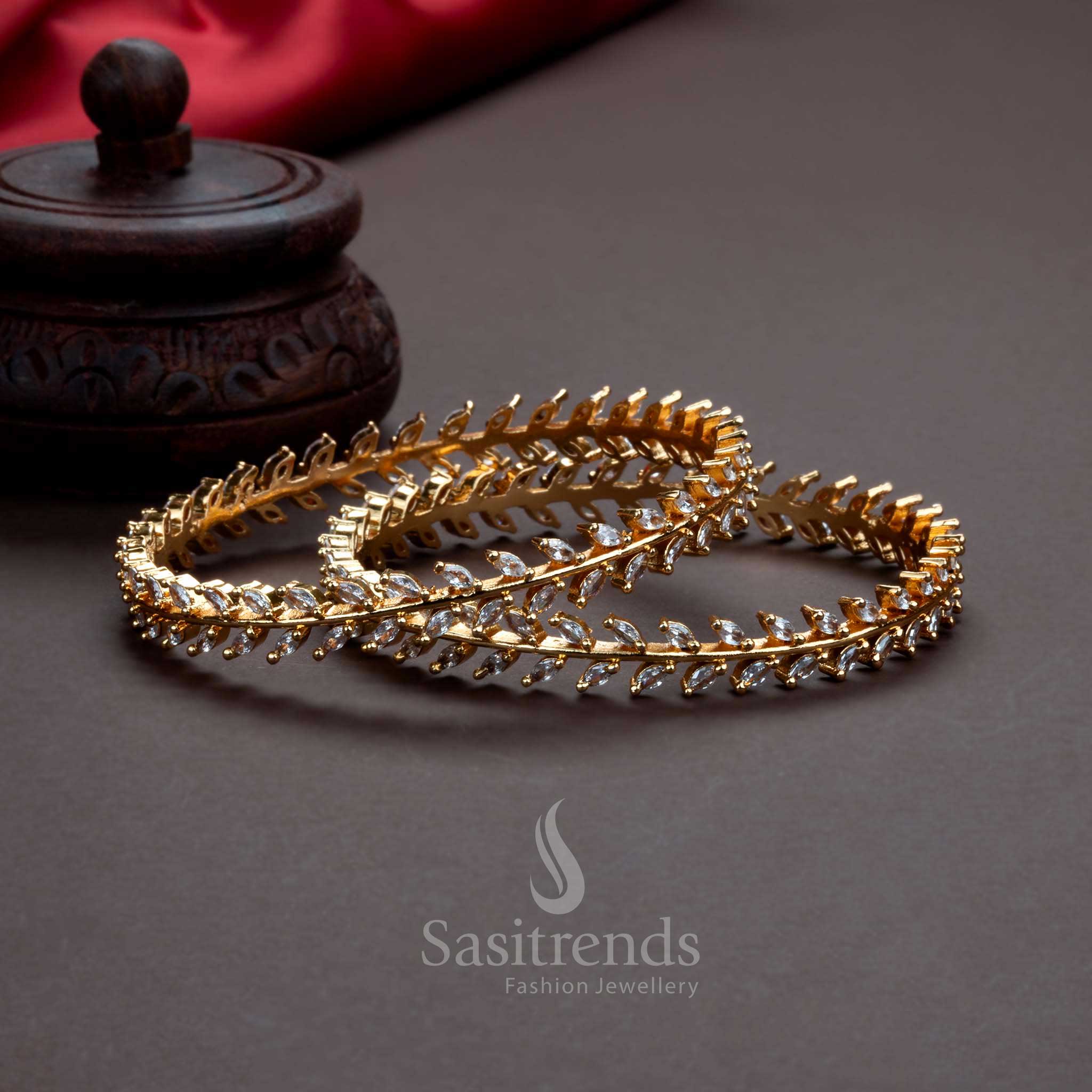 Elegant Traditional Micro Gold Finished White AD Bangles with Leaf Shaped American Diamonds - Image 3