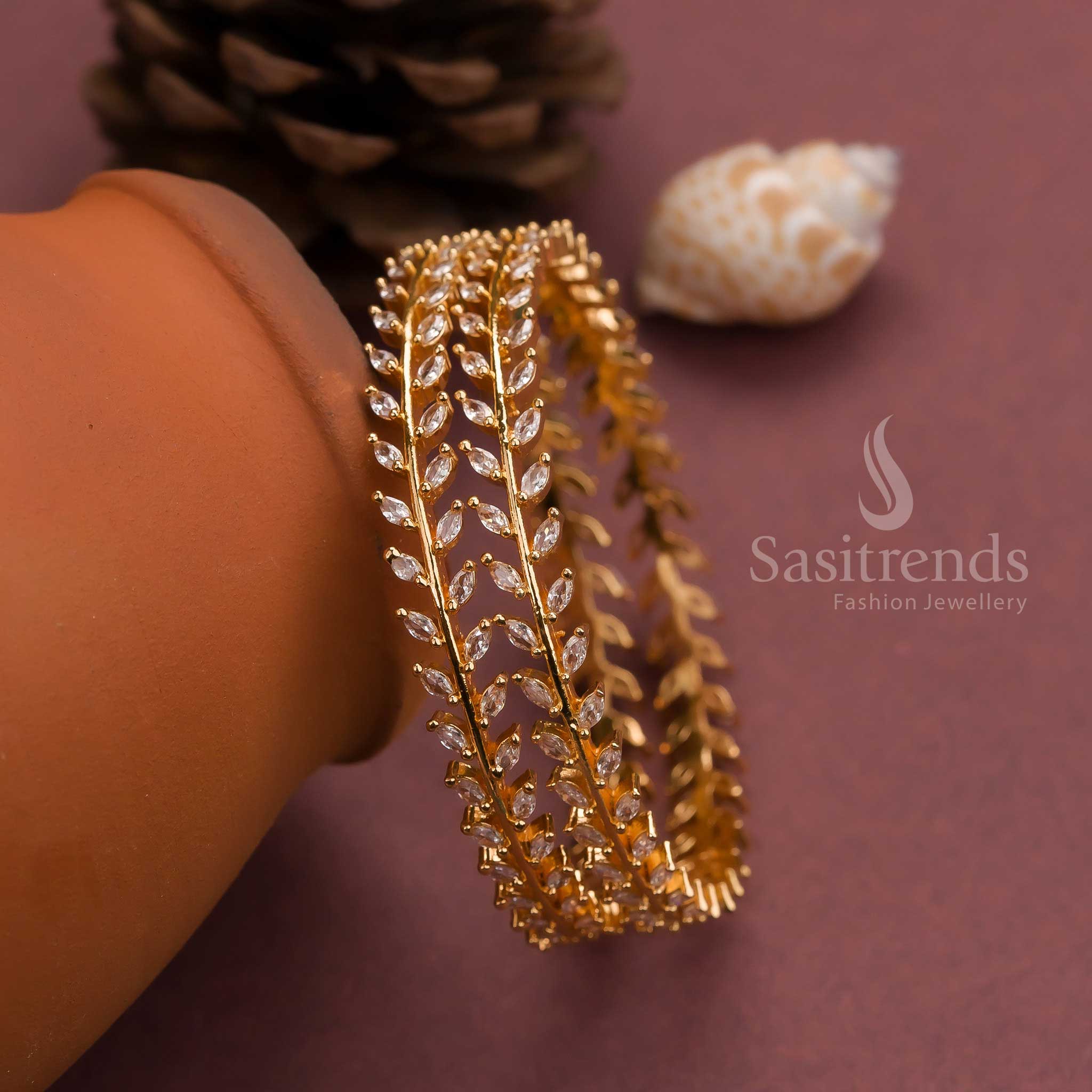 Elegant Traditional Micro Gold Finished White AD Bangles with Leaf Shaped American Diamonds - Image 5
