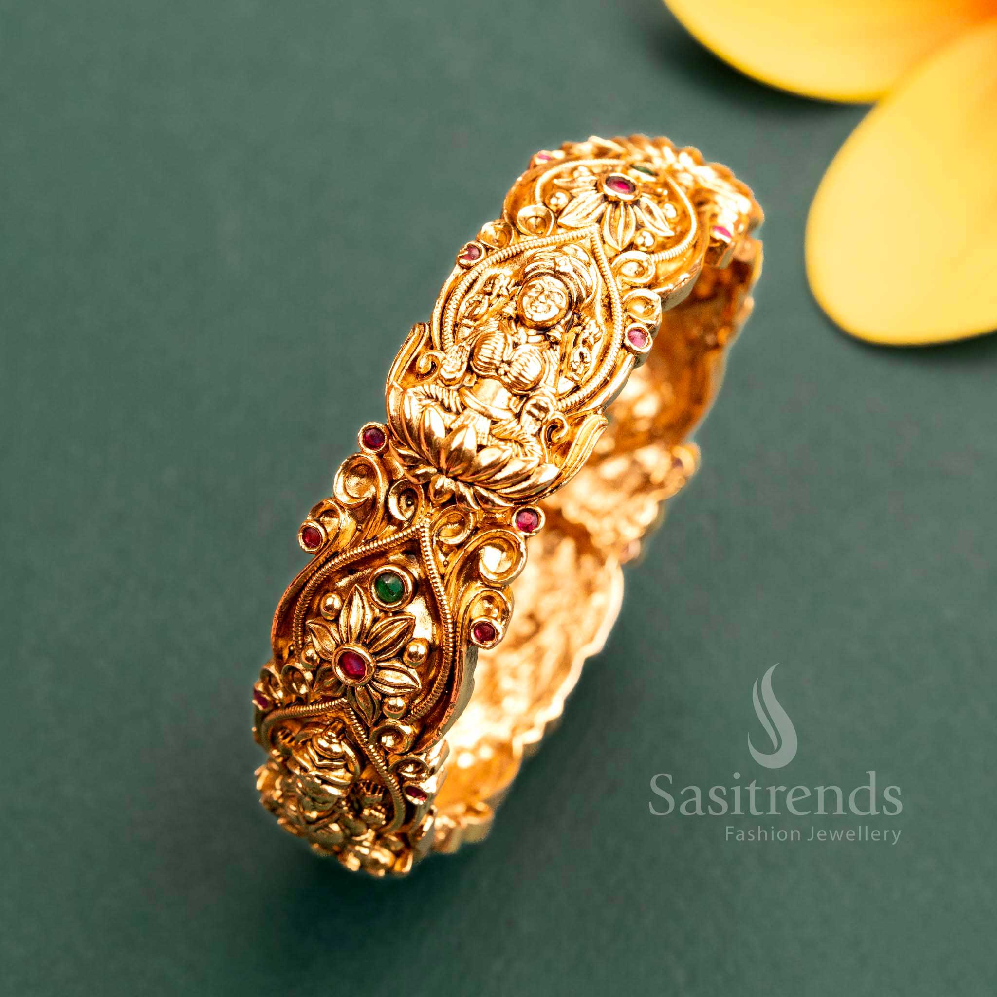 Latest Temple Matte Gold Plated Lakshmi Kada Bangle with Ruby-Green American Diamond Stones for Women | Sasitrends - Image 2