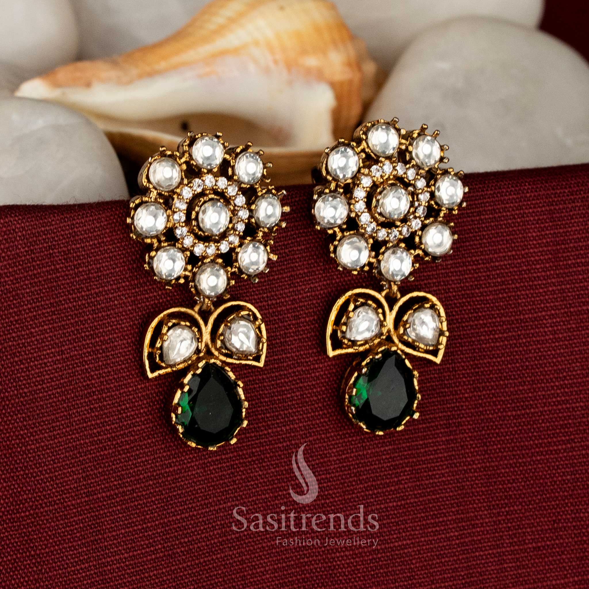Iconic Victorian Plated AD Stone Floral Stud Earrings with Dual-Leaf & Drop Structure | Party Wear