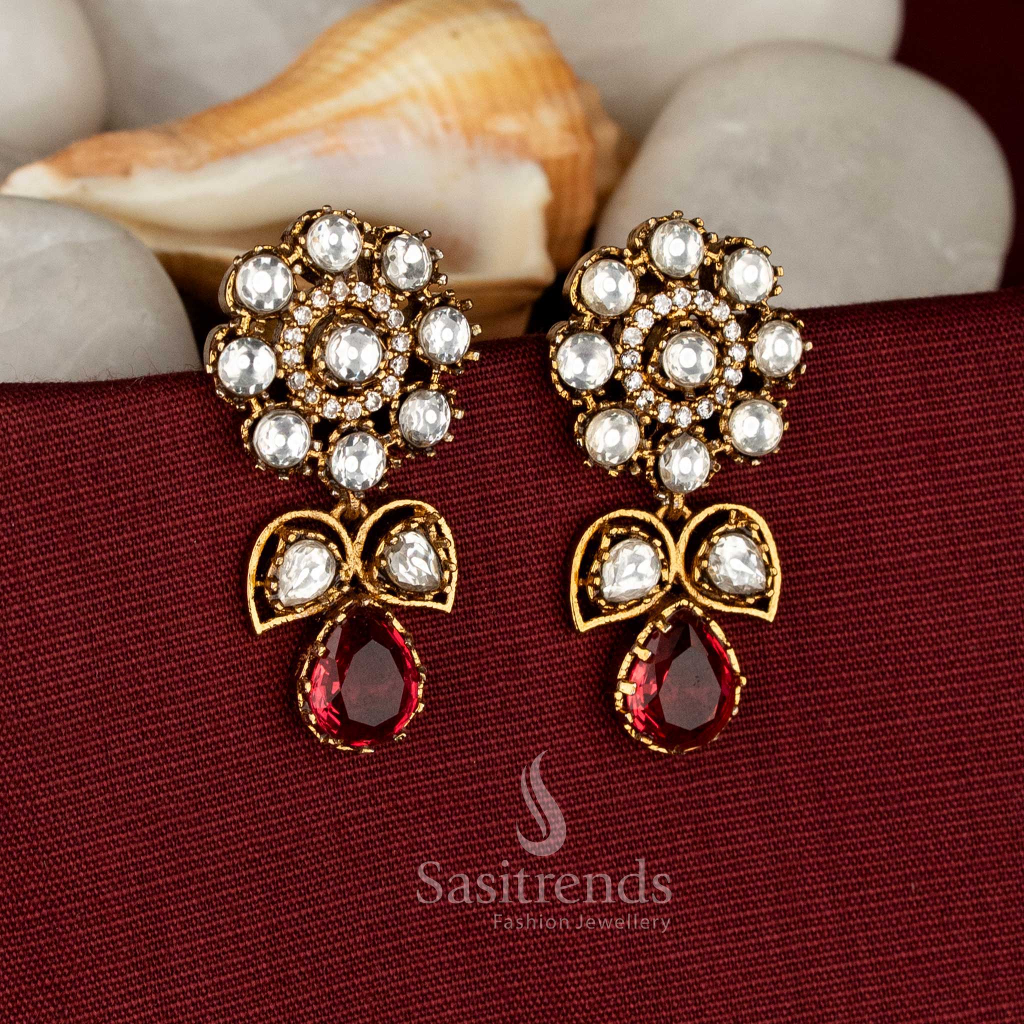 Iconic Victorian Plated AD Stone Floral Stud Earrings with Dual-Leaf & Drop Structure | Party Wear - Image 2