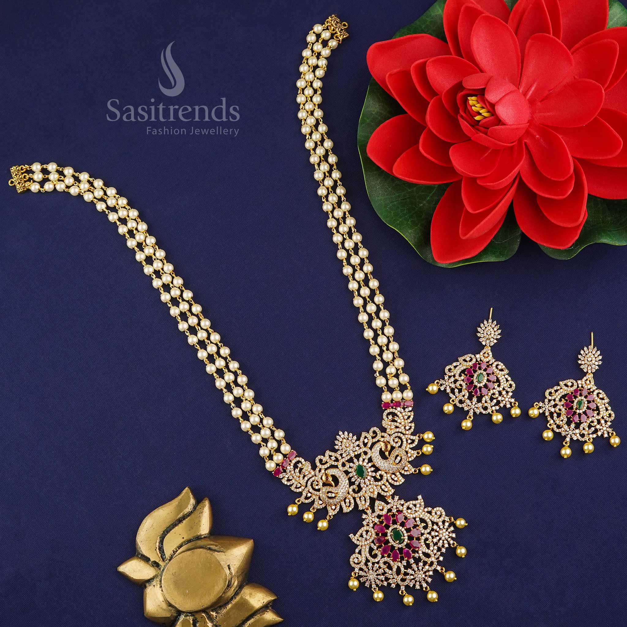 Radiant Matte Gold Plated 3 Layer Long Pearl Multi-Color AD Pendant Necklace Jewellery Set | Sasitrends