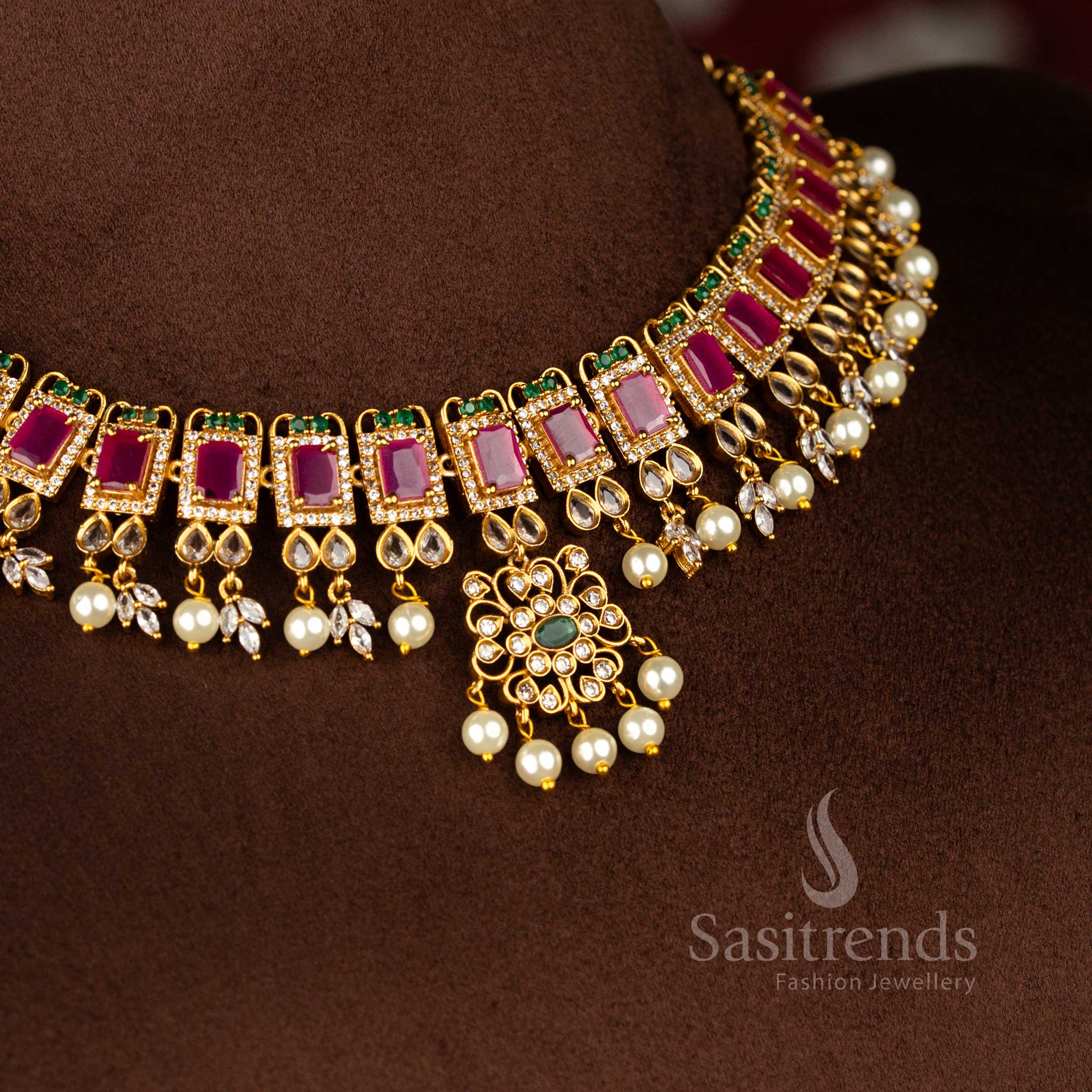 Exquisite Party Wear Temple Matte Gold Plated Floral AD Necklace Jewellery Set for Women | Sasitrends - Image 3