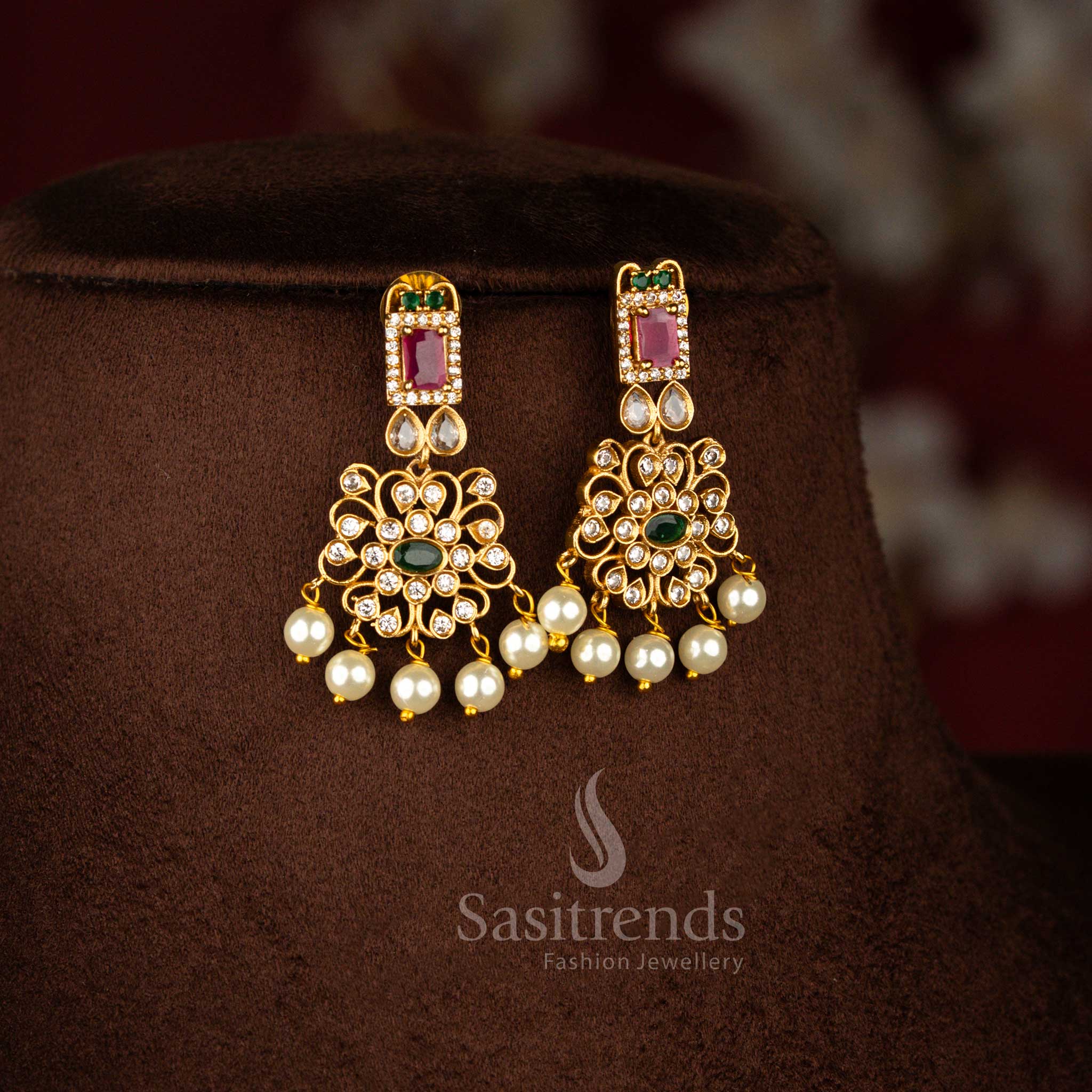 Exquisite Party Wear Temple Matte Gold Plated Floral AD Necklace Jewellery Set for Women | Sasitrends - Image 4