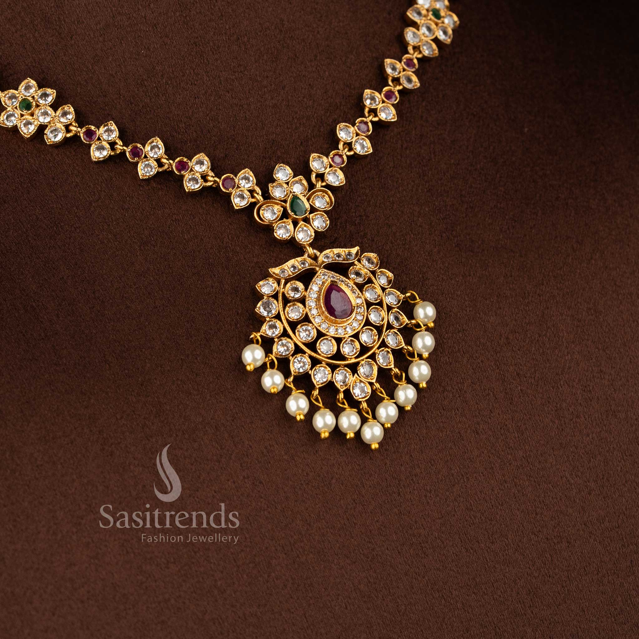 Trendy Traditional Matte Gold Plated Floral AD Necklace Jewellery Set for Women - Latest Collection | Sasitrends - Image 10